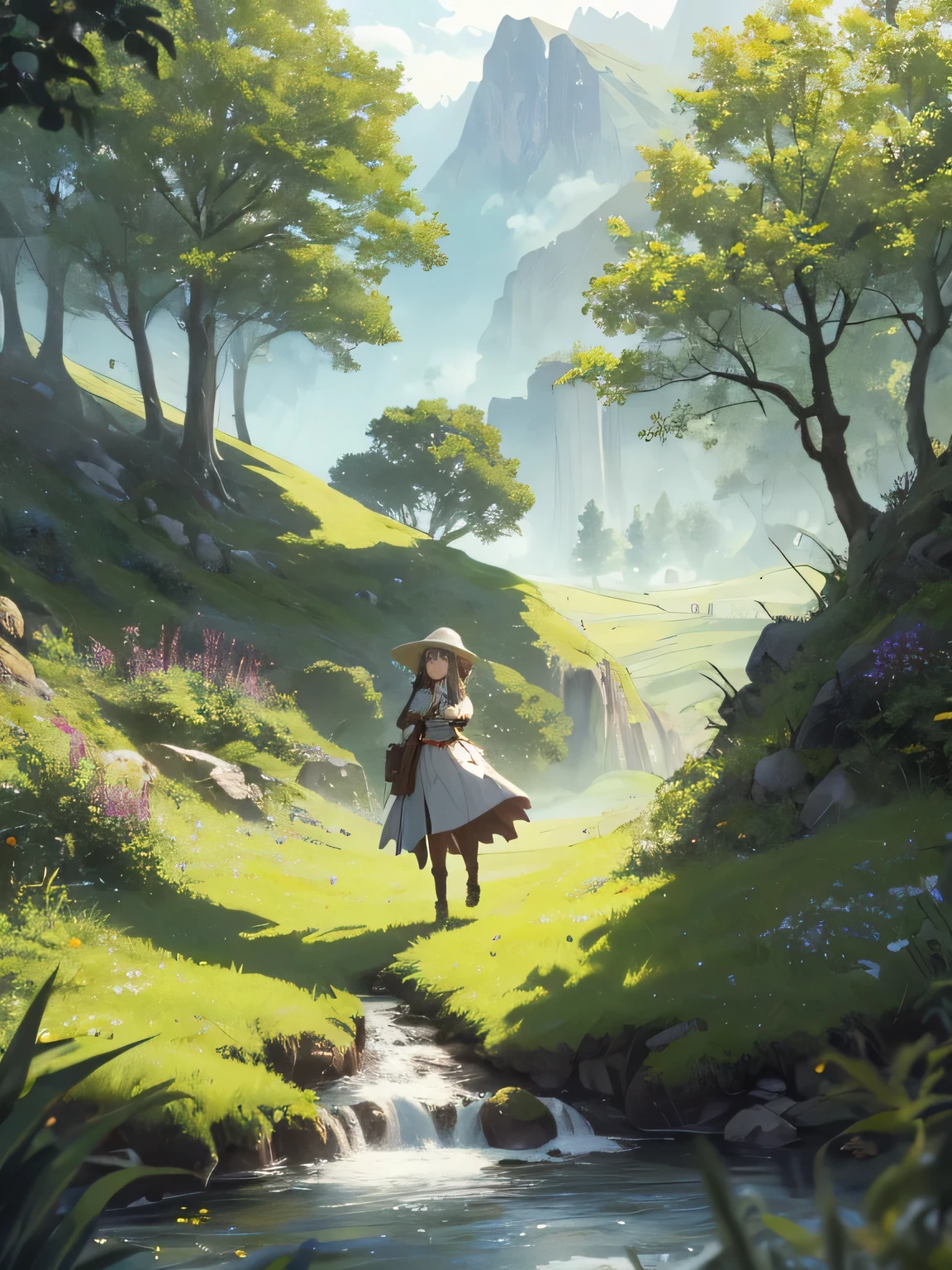 In a green meadow stands a young girl with the head of'un groupe de chevaliers.
PAUSE Avec une expression courageuse, elle les guide vers leur destination.
PAUSE Behind her, a green forest'extends and beyond, les montagnes s'rise far away.
PAUSE L'effet le plus approprié pour cette scène serait une technique de peinture à l'aquarelle pour capturer la douceur de la prairie et la fluidité du mouvement..