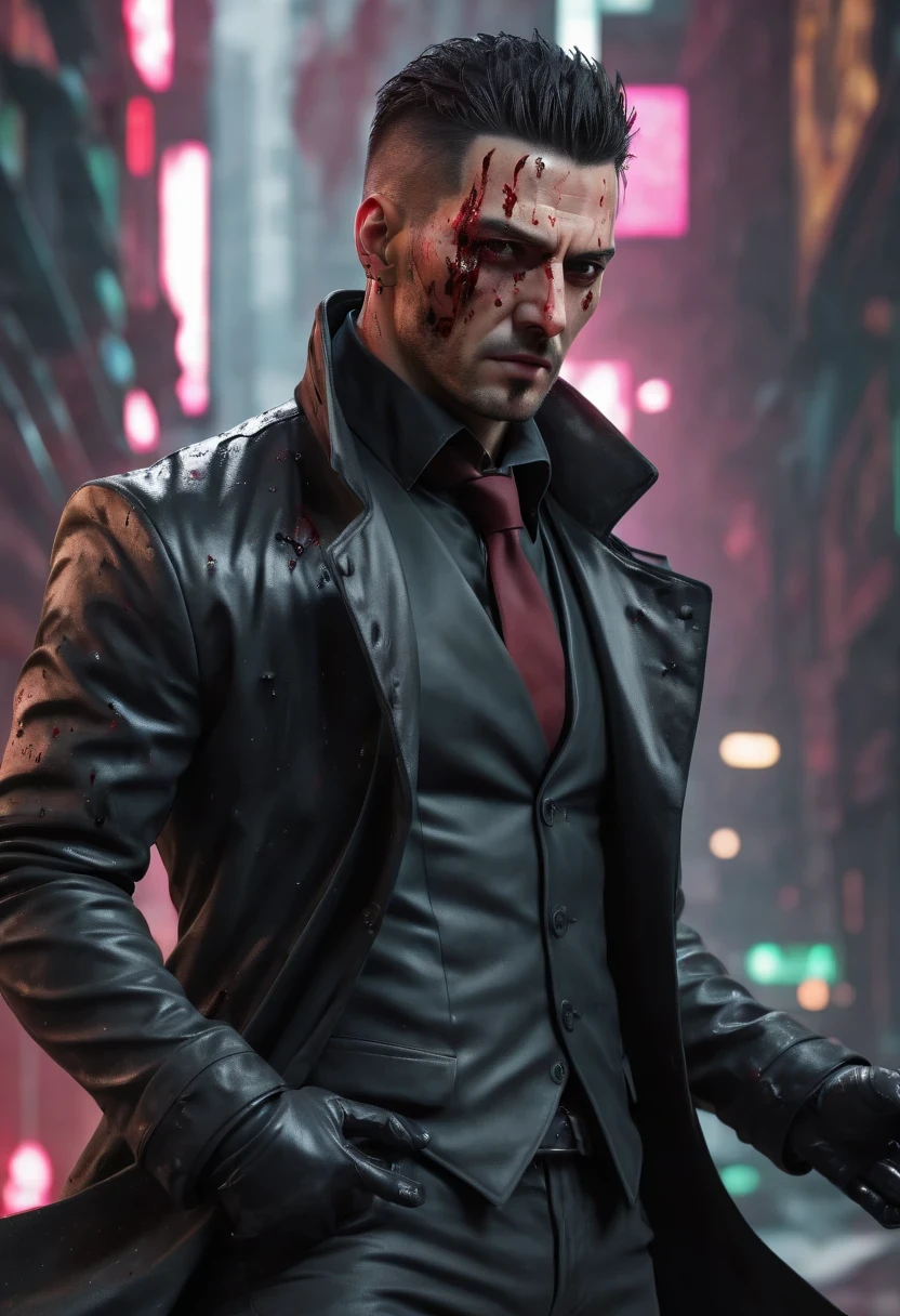 sh4g0d风格赛博朋克特工,Wear an elegant black coat,(Strong dynamic stance:1.5),(struggle:1.3),(blood spatter),Strong,His face is very determined, 8k, super detailed, precise, best quality