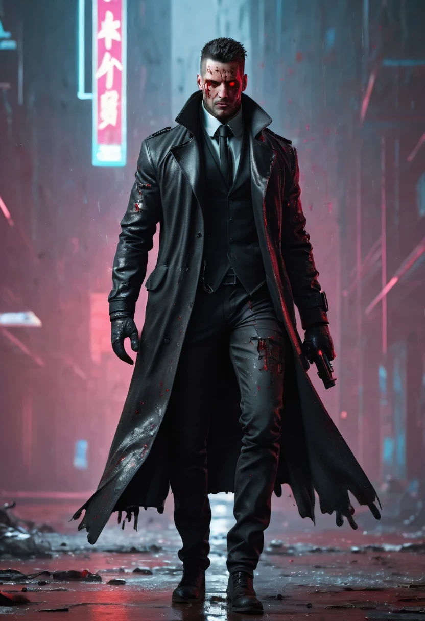 sh4g0d风格赛博朋克特工,Wear an elegant black coat,(Strong dynamic stance:1.5),(struggle:1.3),(blood spatter),Strong,His face is very determined, 8k, super detailed, precise, best quality