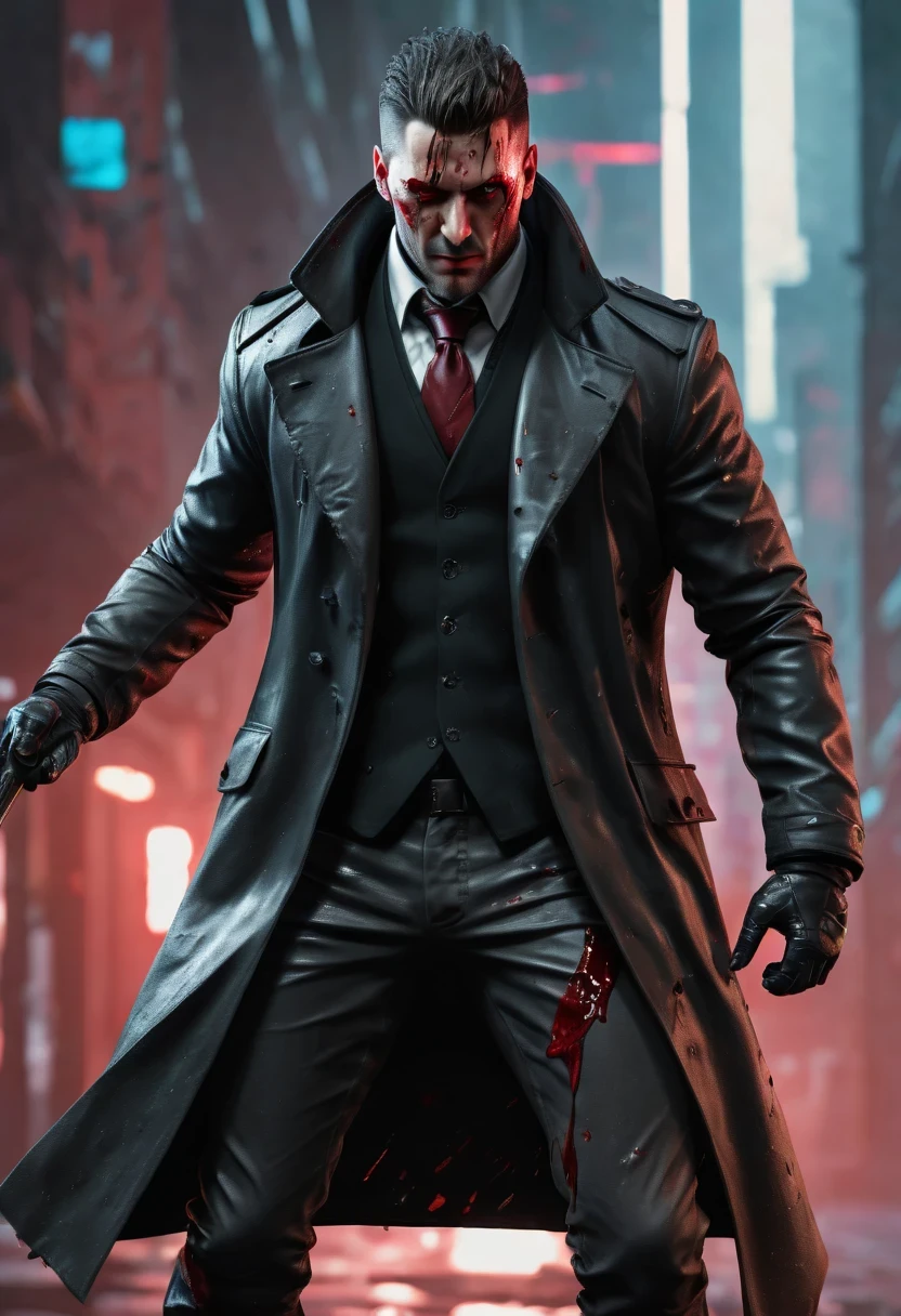 sh4g0d风格赛博朋克特工,Wear an elegant black coat，(Strong dynamic stance:1.5)，(struggle:1.3)，(blood spatter)，Strong，His face is very determined， 8k, super detailed, precise, best quality