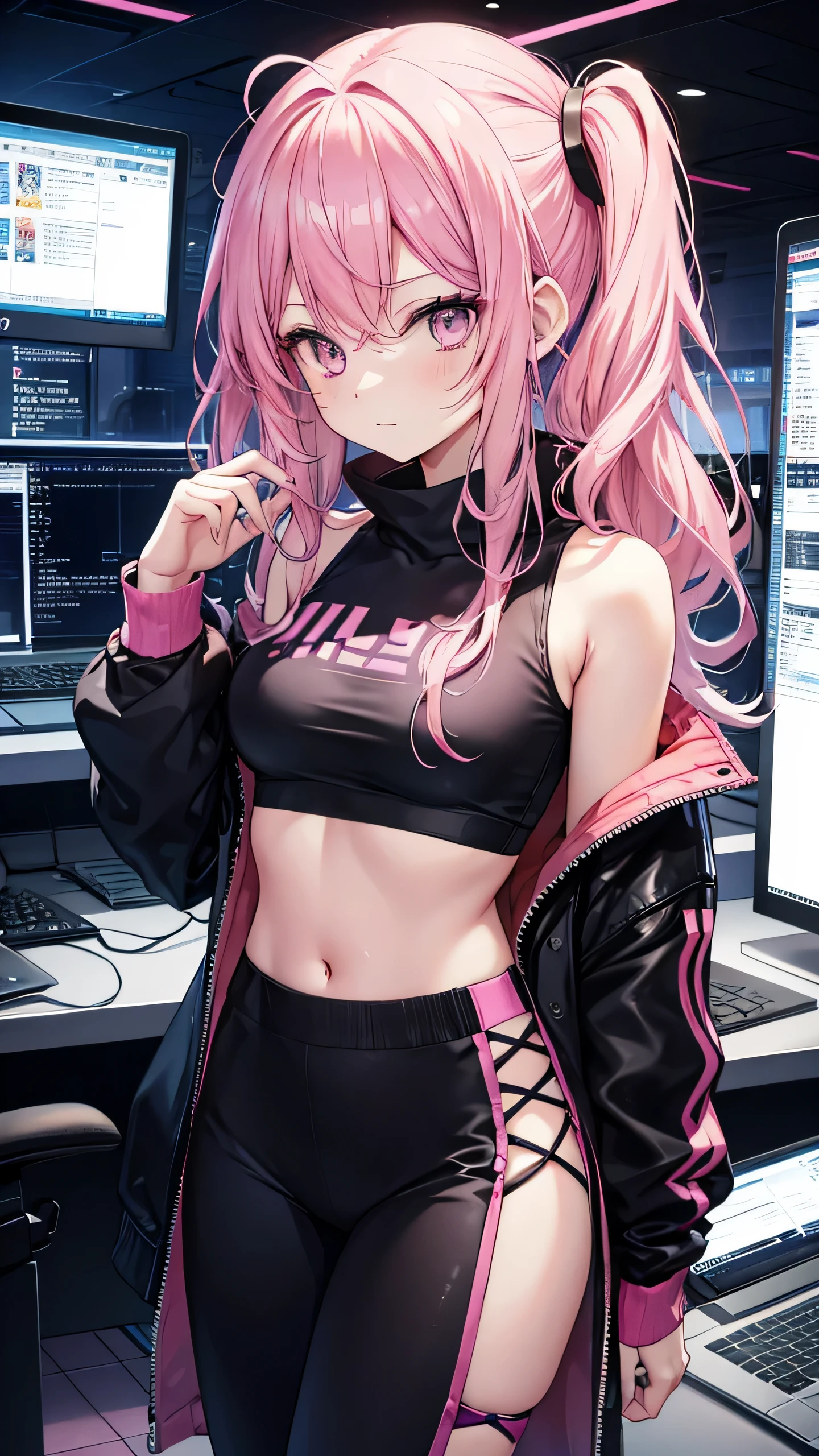 Fit, tall, crop top, pink hair, female girl, computer geek, computer, programming code, gamer girl