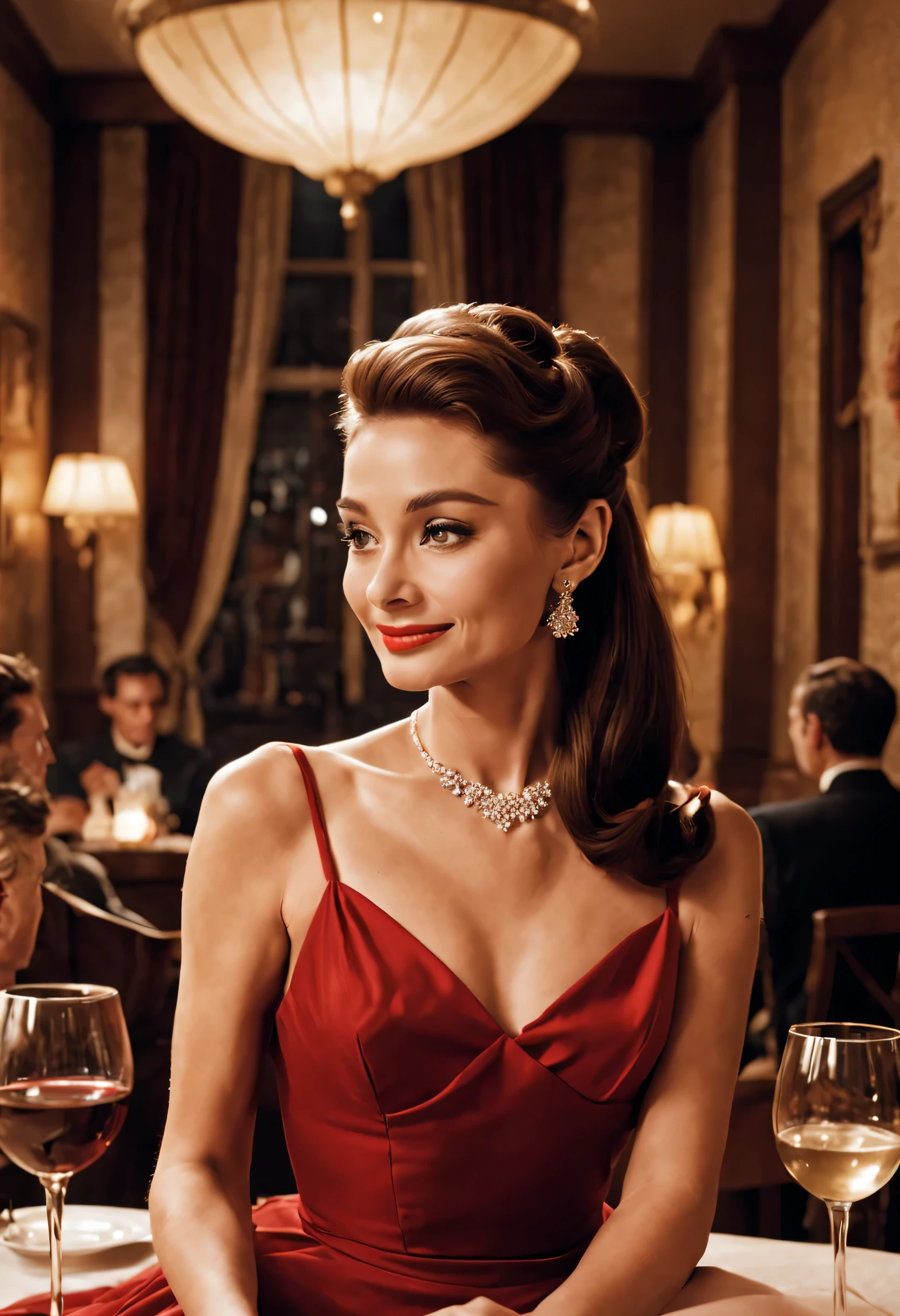 restaurant,テーブルに座っている赤いドレスを着たbeautiful女性,wine glass,dull smile,若くbeautiful女性,She plans to put the man she seduced to sleep and search the room..,romantic,dramatic,sepia color,photograph,,masterpiece,female spy,beautiful,hollywood actress,young actress,white people,half,elegant,beautiful光と影,anatomically correct,charm,高級restaurant,A scene from a movie,Audrey Hepburn