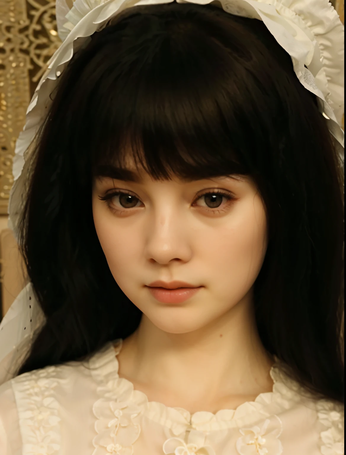 a closeup of a doll with a veil on her head, pale piel blanca de porcelana, pale porcelain skin, young pale ghost, chinese doll face, jointed doll, pale, snow-white skin, pale milky white piel de porcelana, piel blanca de porcelana, art doll, pale skin persian girl, pale skin and dark eyes, piel de porcelana.