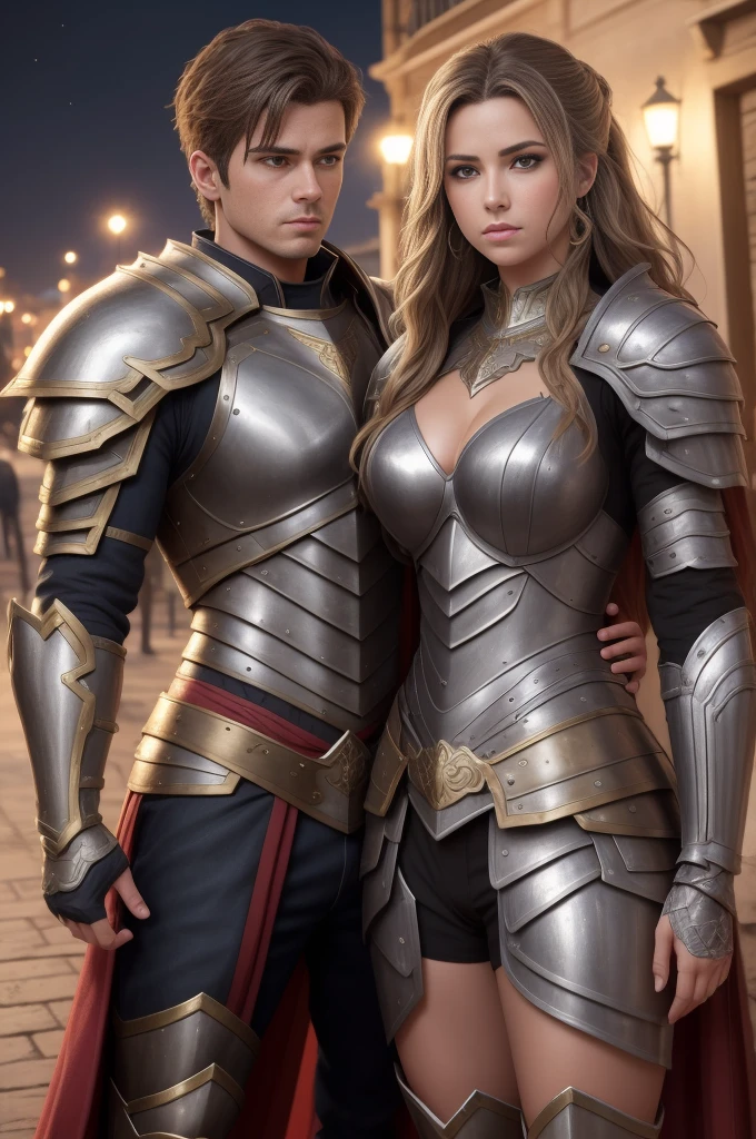 highly detailed ，8k , highest quality, （original photo：1.6），((male and female couple:1.3))、standing、（The sexy girl is wearing armor、huge 、Extra large、huge cleavage、long legs：1.3）（The boy is wearing armor、muscular boy、abdominal muscles：1.6），Complex structure，extremely high detail，8K quality，sense of reality，night，real background，Very detailed background details