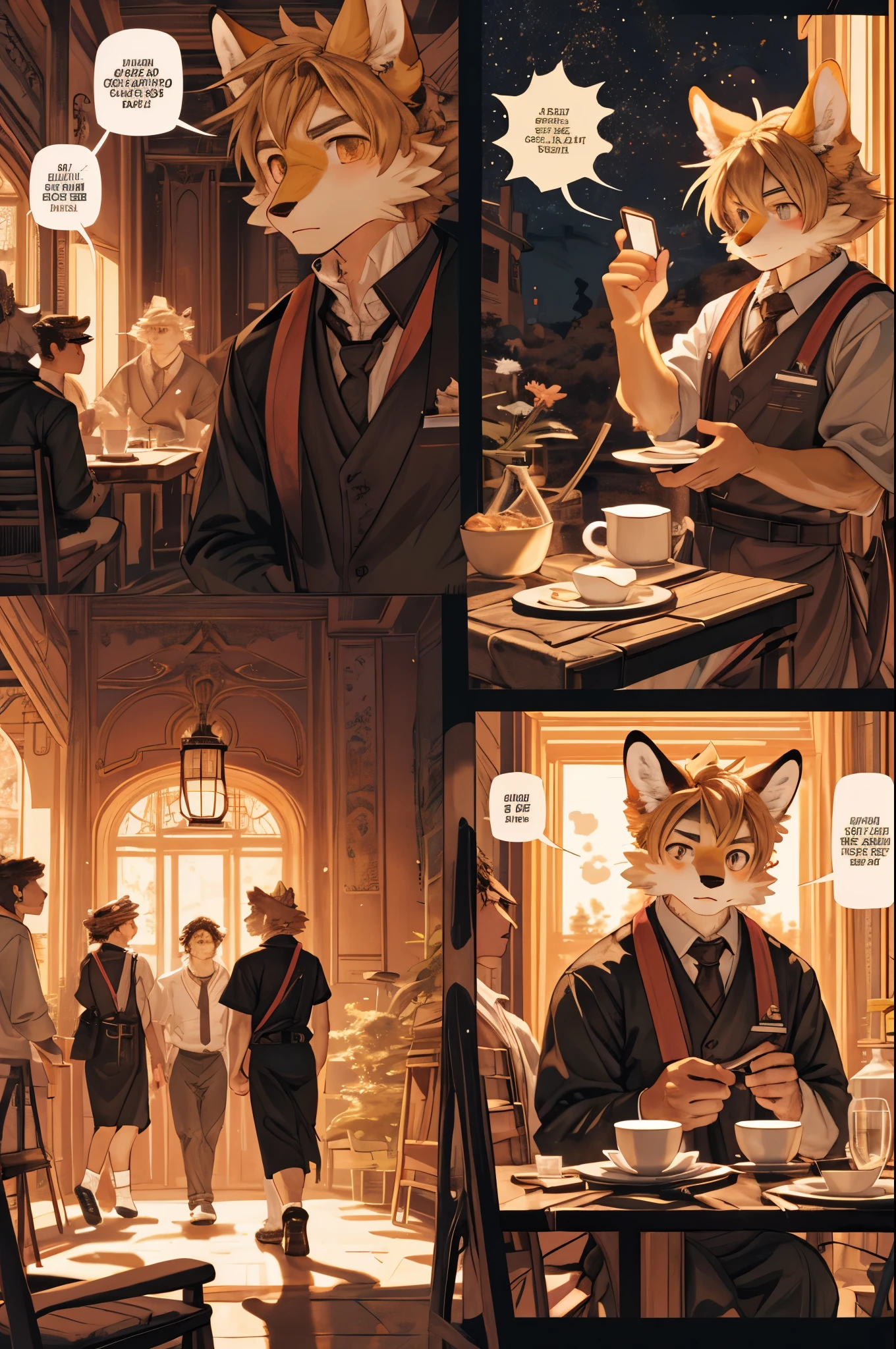 top quality, best quality, highres, masterpiece, super high resolution, detailed background, Casual reutaurant interior, part-time job, waiter, 6+boys, 6+girls, absurdres(highly detailed beautiful face and eyes)perfect ???????, good lighting, cinematic shadow(kemono, furry anthro)assorted expressions, assorted poses, assorted angles, full body, upper shot, dynamic angle(girls comic-like panel layouts, speech balloon, English text, Hand-drawn sound effects stickers used in girls comic),