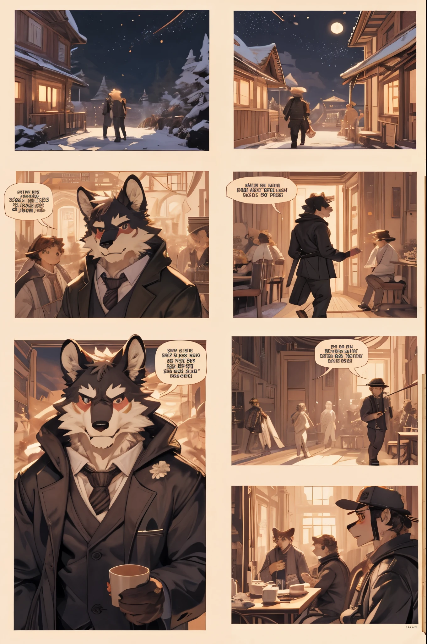 top quality, best quality, highres, masterpiece, super high resolution, detailed background, Casual reutaurant interior, part-time job, waiter, 6+boys, 6+girls, absurdres(highly detailed beautiful face and eyes)perfect anatomy, good lighting, cinematic shadow(kemono, furry anthro)assorted expressions, assorted poses, assorted angles, full body, upper shot, dynamic angle(girls comic-like panel layouts, speech balloon, English text, Hand-drawn sound effects stickers used in girls comic),