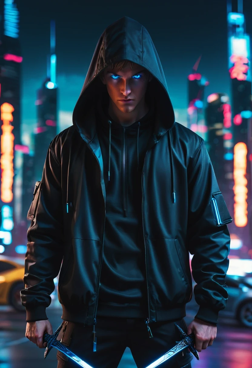 Wide-angle lens, cool, broker, blue eyes, There is a sword on his back, Wears a black hooded trench coat, Stand in front of futuristic cityscape with neon lights and flying cars, The contract with the future demon is clearly visible on his right eye, 8k, cyberpunk,sharp focus, (subsurface scattering:1.1), Winning photo, Full body image:1.1, Serious, Scary expression, dramatic lighting,