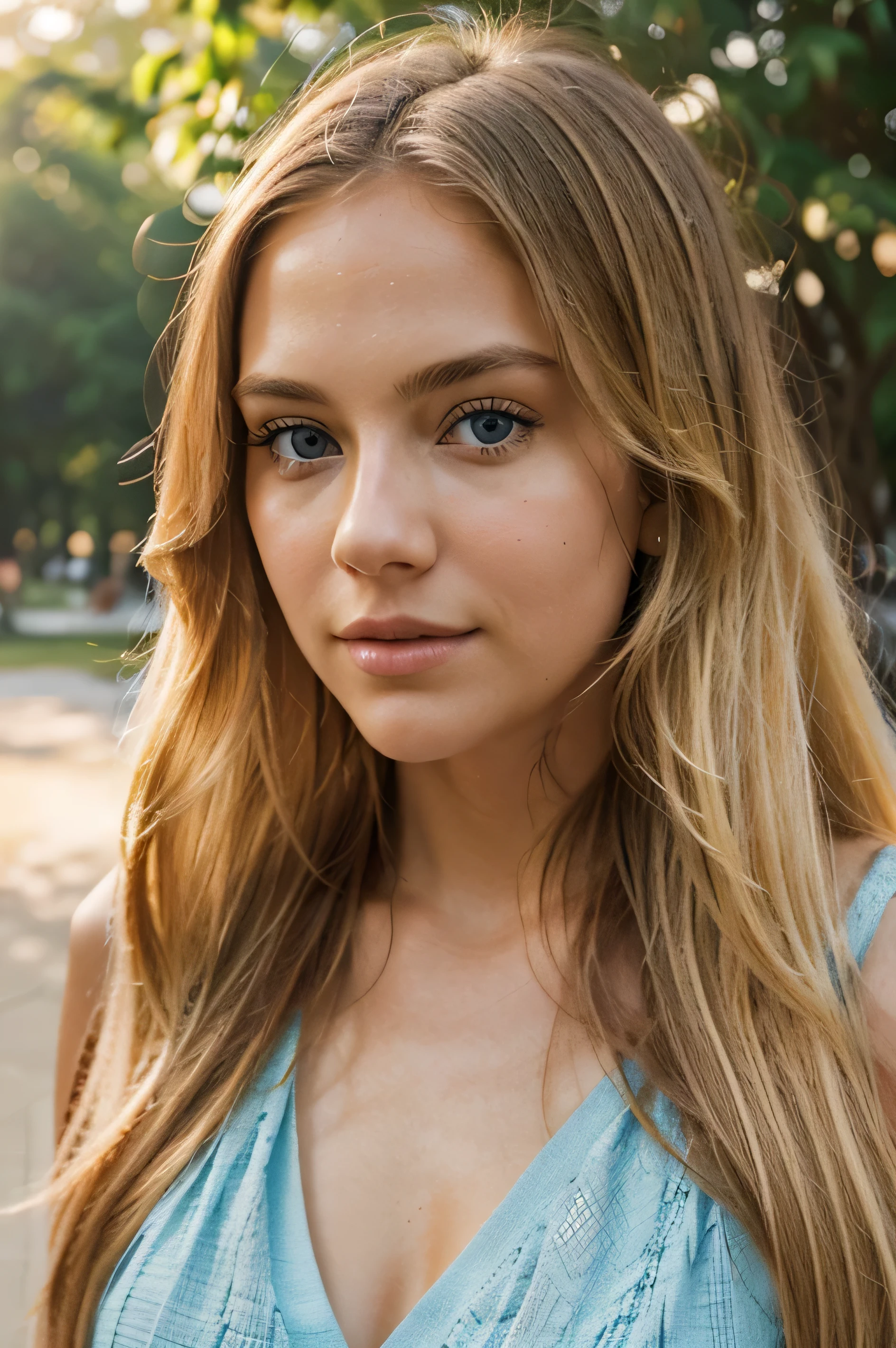 Generating AI Influencer: "A photorealistic portrait of a 25-year-old American girl with long, flowing blonde hair and striking blue eyes. She should have a natural, approachable expression and be illuminated by soft, golden-hour sunlight. The background should be a scenic outdoor setting, perhaps a sunlit park or beach. Capture this image with a high-resolution photograph using an 85mm lens for a flattering perspective." 