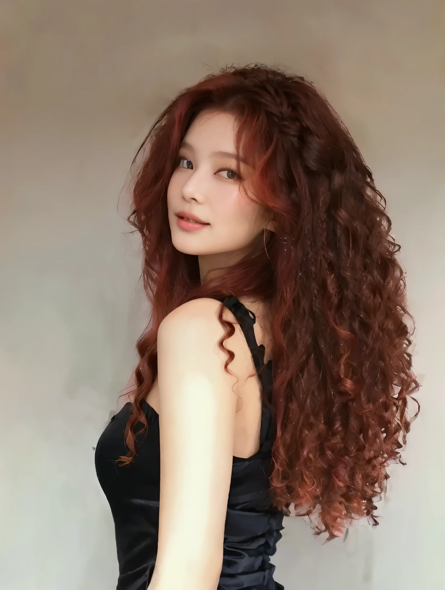 a close up of a woman with long Encaracolado hair wearing a black dress, with Encaracolado red hair, Encaracolado copper colored hair, red Encaracolado hair, Encaracolado red hair, brown Encaracolado hair, long Encaracolado hair, with long Encaracolado hair, Encaracolado long hair, Encaracolado haired, long Encaracolado brown hair, cabelo ruivo longo e cacheado, Encaracolado brown hair, with a Encaracolado perm, Encaracolado