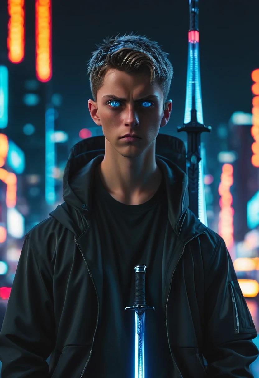 Wide-angle lens, cool, broker, blue eyes, There is a sword on his back, Wears a black hooded trench coat, Stand in front of futuristic cityscape with neon lights and flying cars, The contract with the future demon is clearly visible on his right eye, 8k, cyberpunk，sharp focus, (subsurface scattering:1.1), Winning photo, Full body image:1.1, Serious, Scary expression, dramatic lighting，
