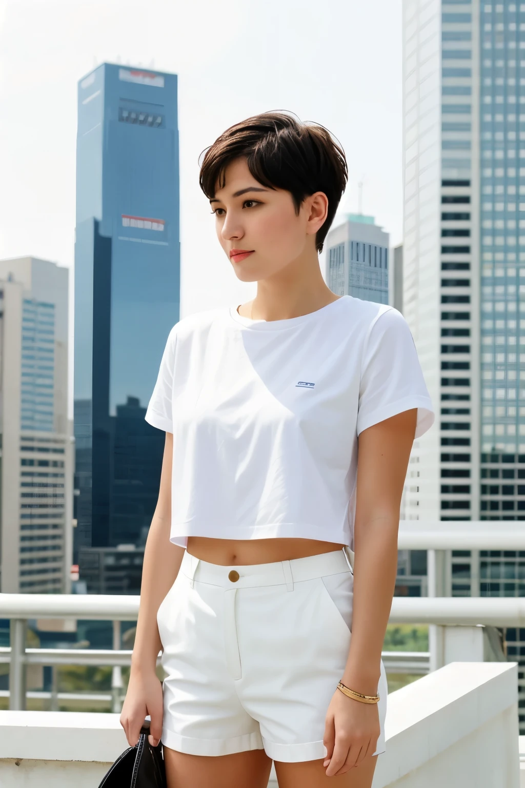 Realistic , Adult tomboy with short hair, white clothes ,rooftop backdrop