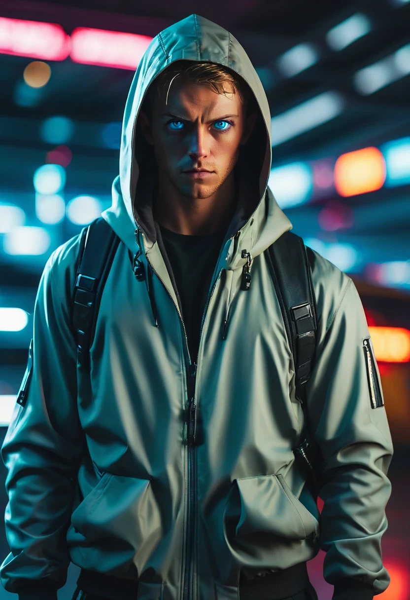 Wide-angle lens, cool, broker, blue eyes, There is a sword on his back, Wear a hooded trench coat, Stand in front of futuristic cityscape with neon lights and flying cars, The contract with the future demon is clearly visible on his right eye, 8k, cyberpunk,sharp focus, (subsurface scattering:1.1), Winning photo, Full body image:1.1, Serious, Scary expression, In the airport shed at night, Close to private jets, dramatic lighting,
