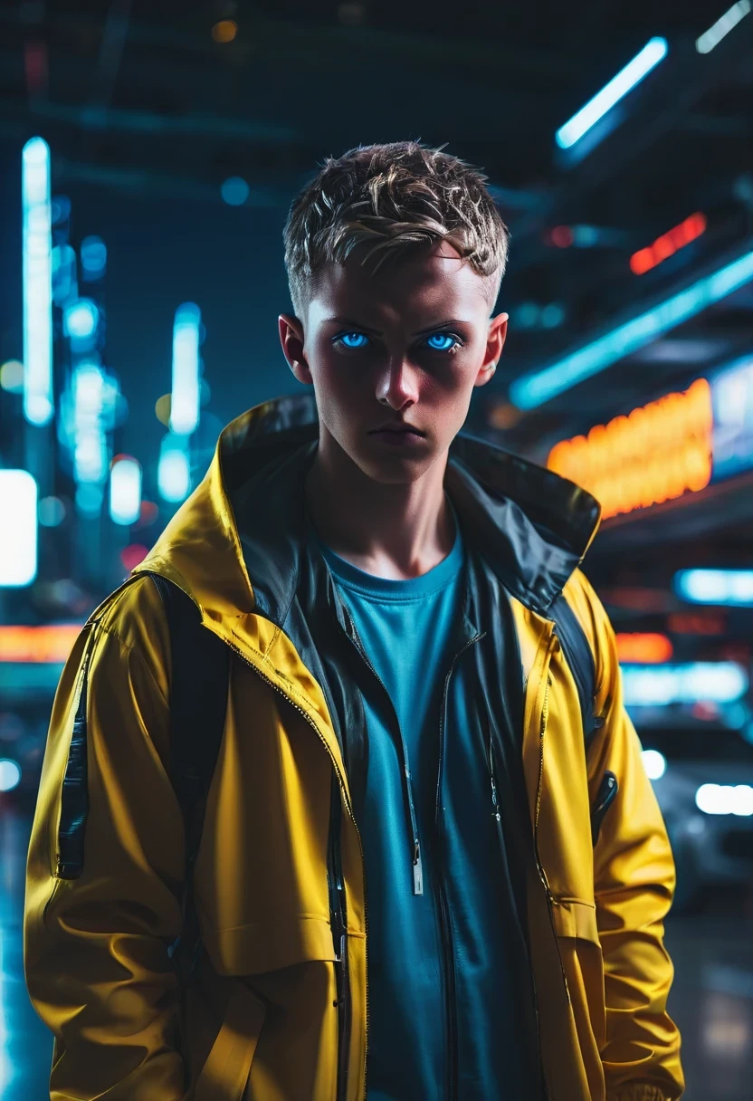 Wide-angle lens, cool, broker, blue eyes, There is a sword on his back, Wear a hooded trench coat, Stand in front of futuristic cityscape with neon lights and flying cars, The contract with the future demon is clearly visible on his right eye, 8k, cyberpunk,sharp focus, (subsurface scattering:1.1), Winning photo, Full body image:1.1, Serious, Scary expression, In the airport shed at night, Close to private jets, dramatic lighting,