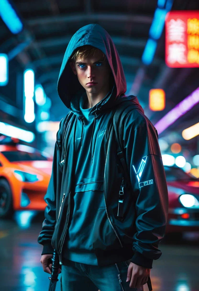 Wide-angle lens, cool, a young man, blue eyes, There is a sword on his back, Wear a hooded trench coat, Stand in front of futuristic cityscape with neon lights and flying cars, The contract with the future demon is clearly visible on his right eye, 8k, cyberpunk,sharp focus, (subsurface scattering:1.1), Winning photo, Full body image:1.1, Serious, Scary expression, In the airport shed at night, Close to private jets, dramatic lighting,