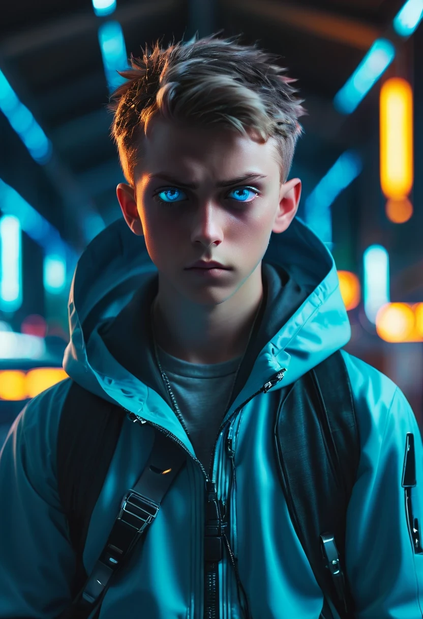Wide-angle lens, cool, a young man, blue eyes, There is a sword on his back, Wear a hooded trench coat, Stand in front of futuristic cityscape with neon lights and flying cars, The contract with the future demon is clearly visible on his right eye, 8k, cyberpunk,sharp focus, (subsurface scattering:1.1), Winning photo, Full body image:1.1, Serious, Scary expression, In the airport shed at night, Close to private jets, dramatic lighting,