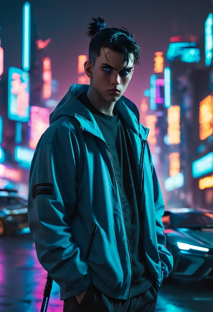 Wide-angle lens, cool, A young man with medium-length black hair in a topknot, blue eyes, There is a sword on his back, Wear a hooded trench coat, Stand in front of futuristic cityscape with neon lights and flying cars, The contract with the future demon is clearly visible on his right eye, 8k, cyberpunk
