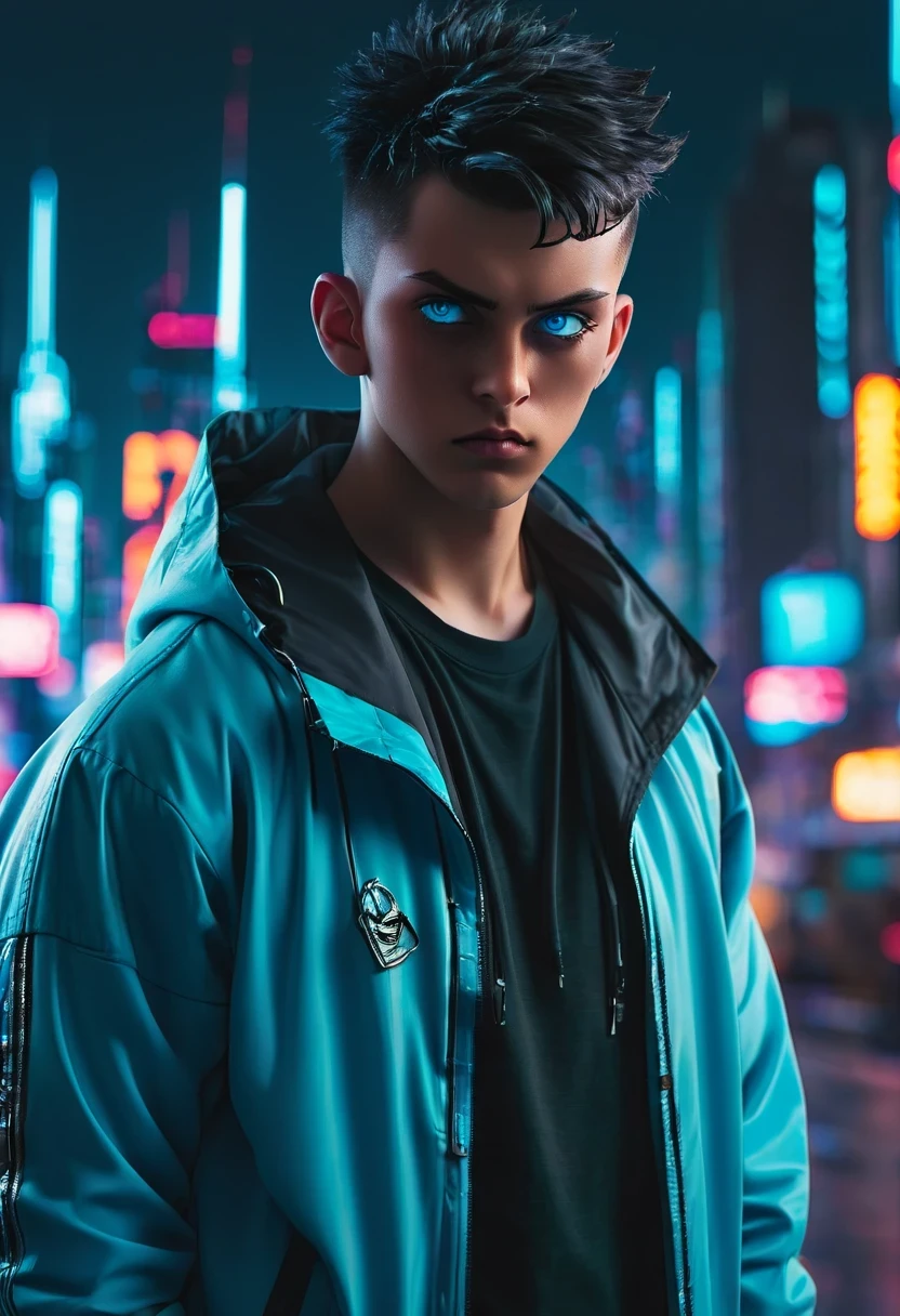 Wide-angle lens, cool, A young man with medium-length black hair in a topknot, blue eyes, There is a sword on his back, Wear a hooded trench coat, Stand in front of futuristic cityscape with neon lights and flying cars, The contract with the future demon is clearly visible on his right eye, 8k, cyberpunk