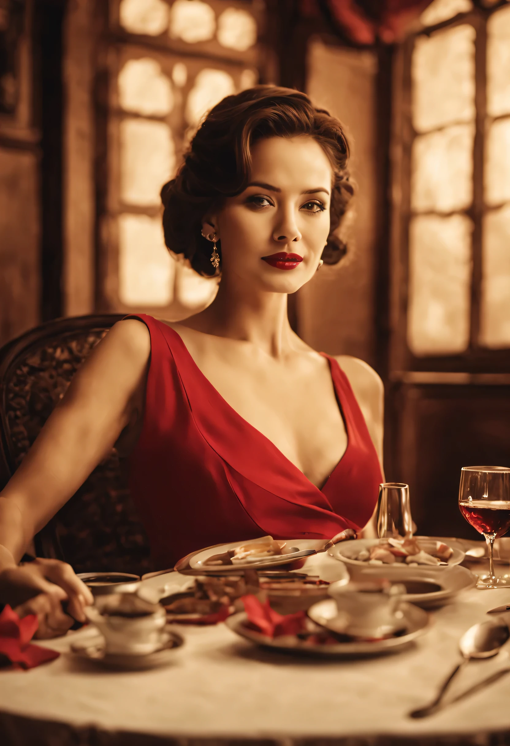 restaurant,テーブルに座っている赤いドレスを着たbeautiful女性,drop a pill into a wine glass,smile,若くbeautiful女性,she has sleeping pills hidden away,She plans to put the man she seduced to sleep and search the room..,romantic,dramatic,sepia color,photograph,,masterpiece,female spy,beautiful,hollywood actress,elegant,beautiful光と影