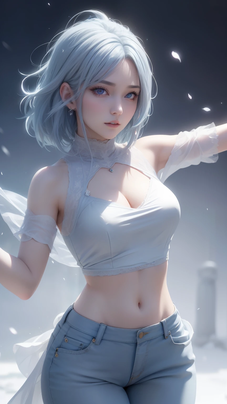 (logo、masterpiece、8k、table top、RAW photo、wonderful、最high quality、Photorealistic and hvery detailed CG integrated 8k wallpaper、high quality、very detailed、Narrative poem、particle effects、dynamic effects、written boundary depth、cinematic light、Lens flare、ray tracing)、fantasy、 (1 beautiful woman、light blue hair、beautiful face、real face、beautiful detailed eyes、beautiful skin、dancing woman:1.7、woman dancing gracefully:1.7)、Hair flutters in Wind、hair bounces、髪がWindで踊る、hair jump、halter neck、leather pants、leather jacket、silver earrings、night、Wind、darkness、雪とhoarfrost、very cold winter day、snow-capped mountainや森、hoarfrost、snow-capped mountain々、The beauty and brilliance of frost-covered trees、Serenity and beauty meadow of ice and snow world、vast land、Lakeside、wonderful景色、美しい自然のWind景、night空、Wind、cherry blossoms、cherry blossomsの花びらが舞っている、SakuraFubuki、falling petals
