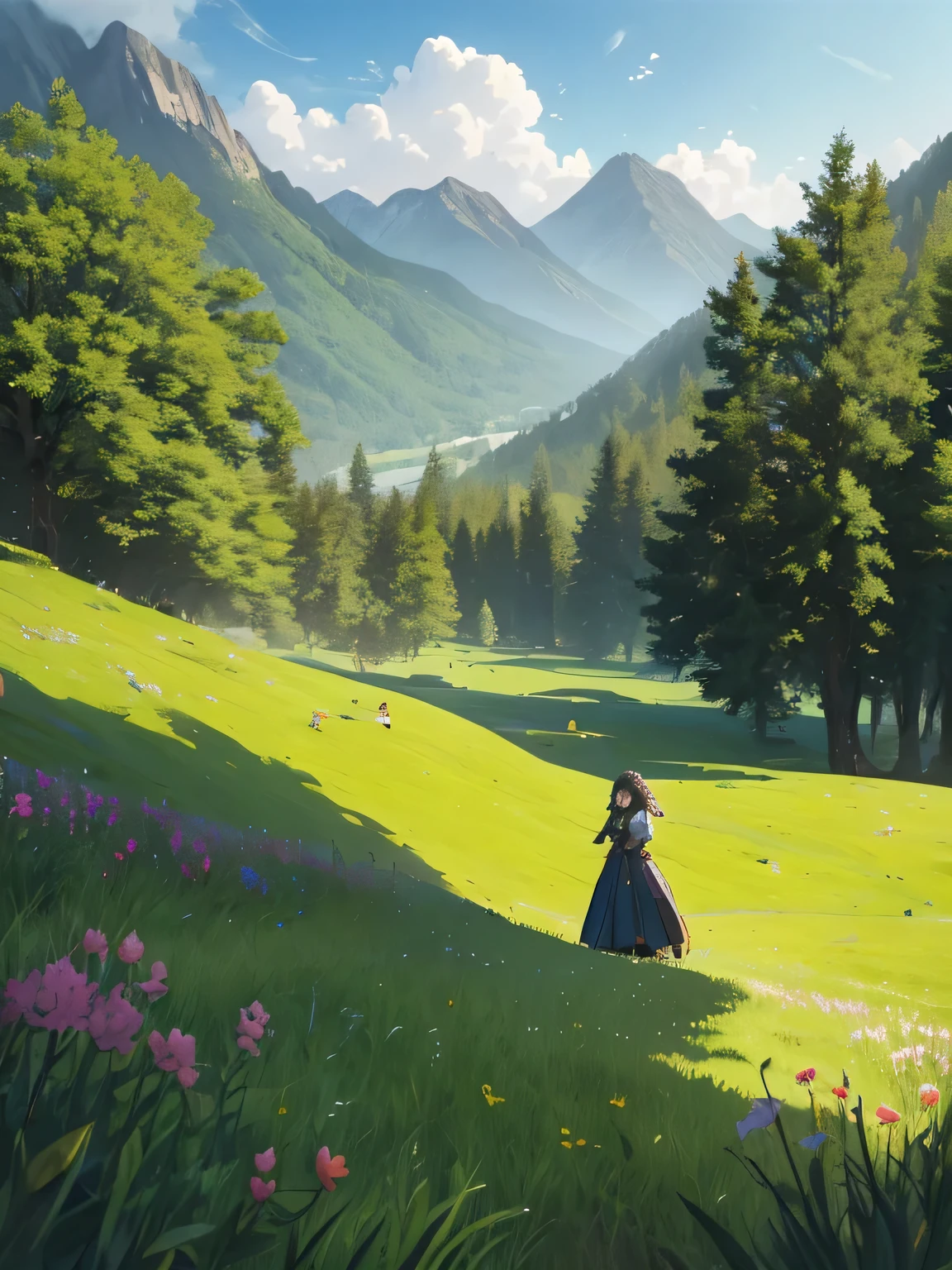 In a green meadow stands a young girl with the head of&#39;un groupe de chevaliers. PAUSE Avec une expression courageuse, elle les guide vers leur destination. PAUSE Behind her, a green forest&#39;extends and beyond, les montagnes s&#39;rise far away. PAUSE L&#39;effet le plus approprié pour cette scène serait une technique de peinture à l&#39;aquarelle pour capturer la douceur de la prairie et la fluidité du mouvement..