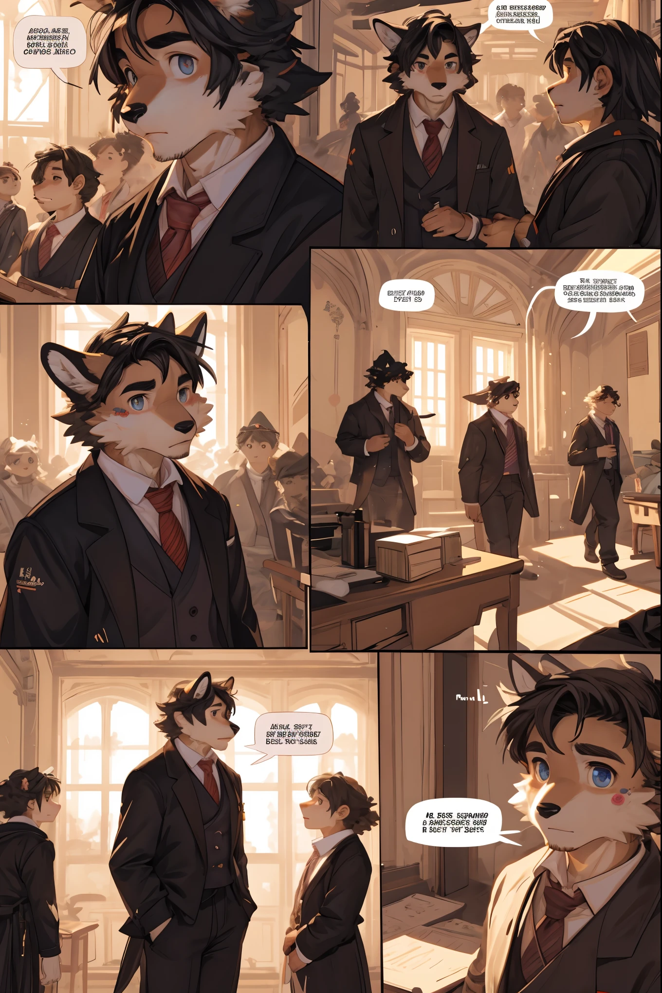 top quality, best quality, highres, masterpiece, super high resolution, detailed background, School, class, 6+boys, 6+girls, absurdres(highly detailed beautiful face and eyes)perfect anatomy, good lighting, cinematic shadow(kemono, furry anthro)assorted expressions, assorted poses, assorted angles, full body, upper shot, dynamic angle,(girls comic-like panel layouts, speech balloon, English text, Hand-drawn sound effects stickers used in girls comic),