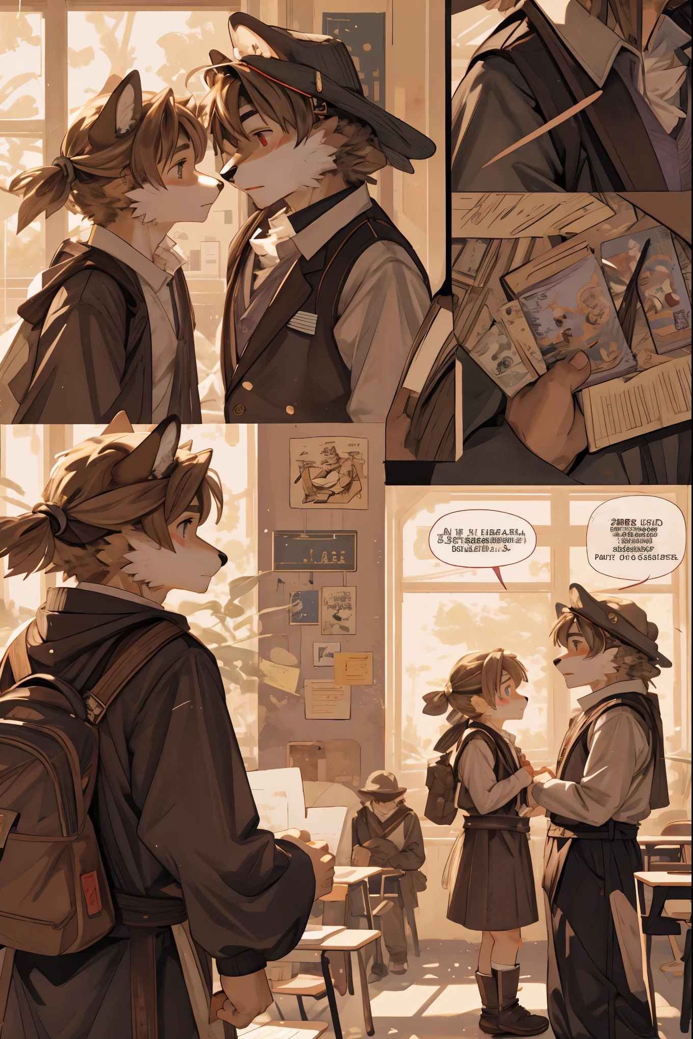top quality, best quality, highres, masterpiece, super high resolution, detailed background, School, class, 6+boys, 6+girls, absurdres(highly detailed beautiful face and eyes)perfect anatomy, good lighting, cinematic shadow(kemono, furry anthro)assorted expressions, assorted poses, assorted angles, full body, upper shot, dynamic angle,(girls comic-like panel layouts, speech balloon, English text, Hand-drawn sound effects stickers used in girls comic),