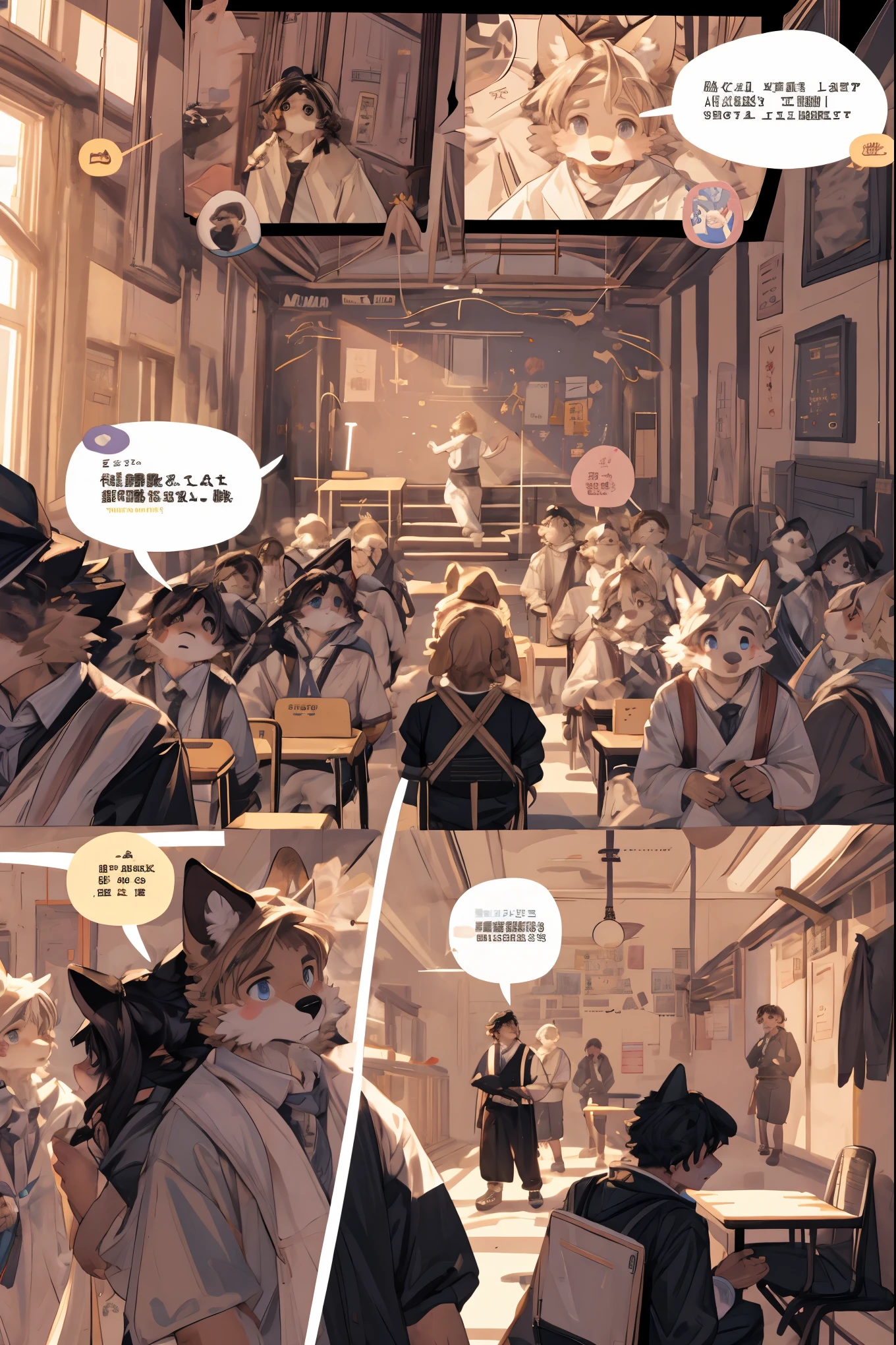 top quality, best quality, highres, masterpiece, super high resolution, detailed background, School, class, 6+boys, 6+girls, absurdres(highly detailed beautiful face and eyes)perfect anatomy, good lighting, cinematic shadow(kemono, furry anthro)assorted expressions, assorted poses, assorted angles, full body, upper shot, dynamic angle,(girls comic-like panel layouts, speech balloon, English text, Hand-drawn sound effects stickers used in girls comic),