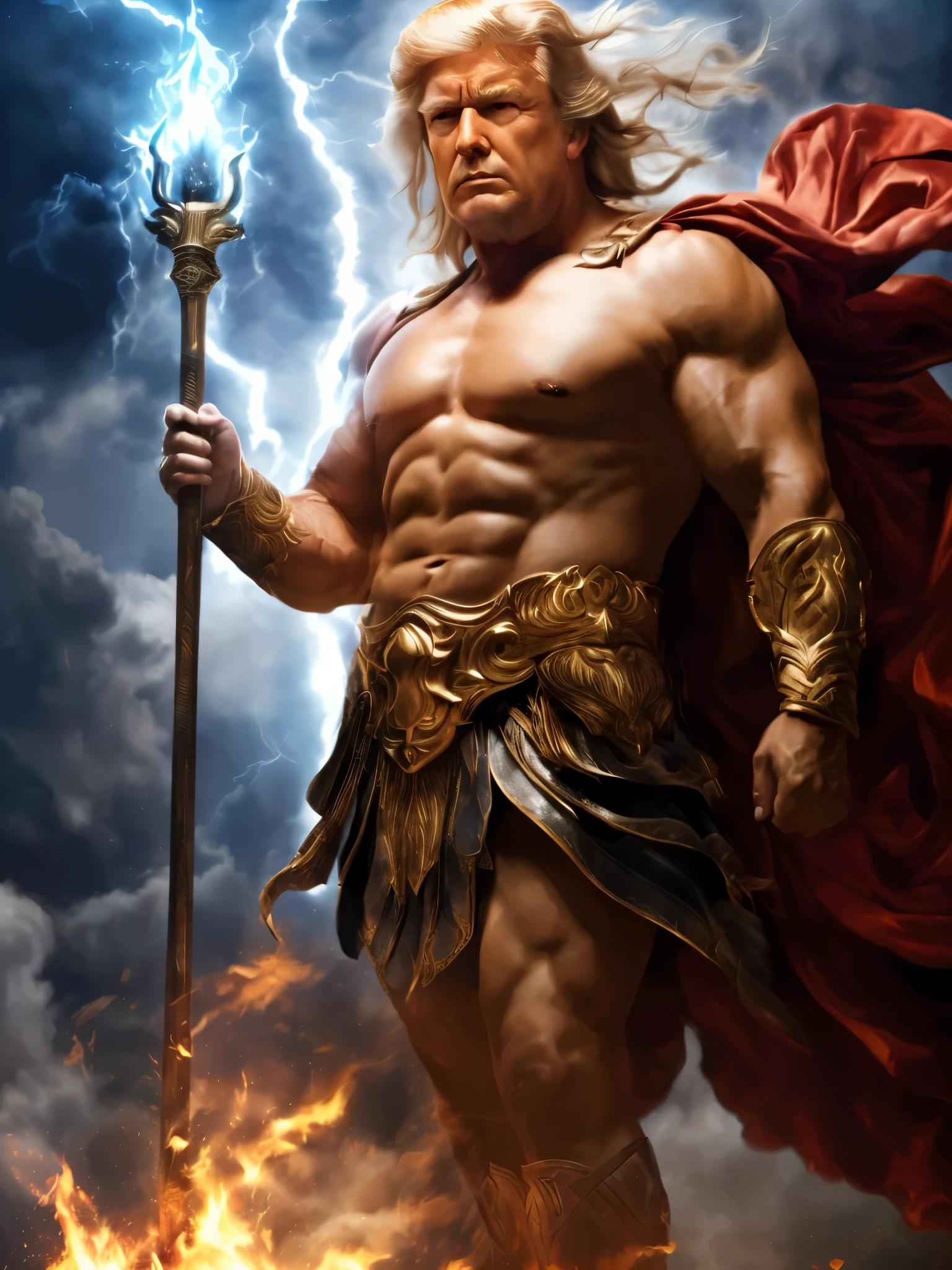 Donald Trump with a sword and a fire, golden blonde hair and beard, portrait of greek god ares, furious god zeus, the god zeus, greek god, olympian god, greek myth digital painting, greek mythology characters, the god poseidon, the god hermes, legendary god holding spear, the greek god, by Arthur Pan, ancient god, epic scene of zeus