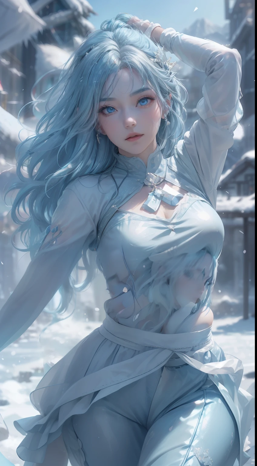 (logo、masterpiece、8k、table top、RAW photo、wonderful、最high quality、Photorealistic and hvery detailed CG integrated 8k wallpaper、high quality、very detailed、Narrative poem、particle effects、dynamic effects、written boundary depth、cinematic light、Lens flare、ray tracing)、fantasy、 (1 beautiful woman、light blue hair、beautiful face、real face、beautiful detailed eyes、beautiful skin、dancing woman:1.7、woman dancing gracefully:1.7)、Hair flutters in Wind、hair bounces、髪がWindで踊る、hair jump、halter neck、leather pants、leather jacket、silver earrings、night、Wind、darkness、雪とhoarfrost、very cold winter day、snow-capped mountainや森、hoarfrost、snow-capped mountain々、The beauty and brilliance of frost-covered trees、Serenity and beauty meadow of ice and snow world、vast land、Lakeside、wonderful景色、美しい自然のWind景、night空、Wind、cherry blossoms、cherry blossomsの花びらが舞っている、cherry blossoms吹雪、falling petals