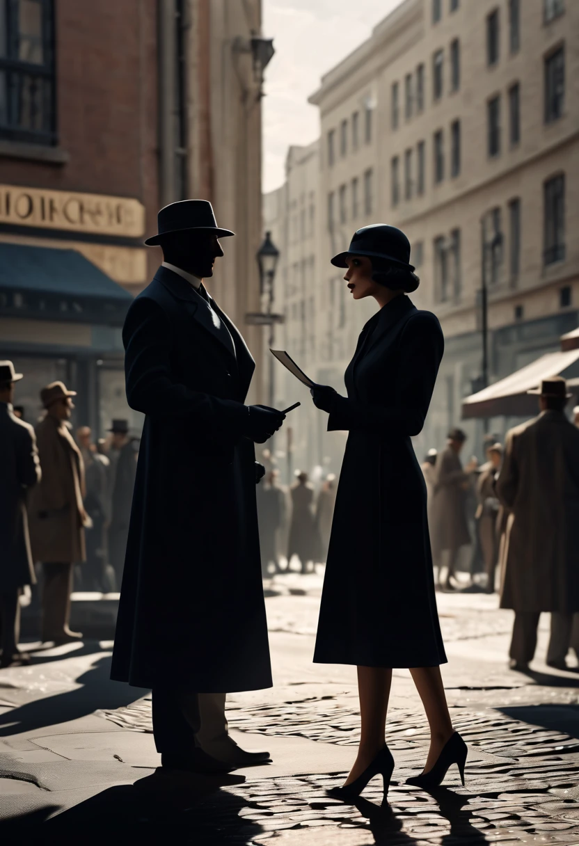 (best quality,4k,8k,highres,masterpiece:1.2),ultra-detailed,On a shadowy corner a woman exchanges information with the shadow of a secret agent, in the background a crowd of people on the streets of a city, art deco,