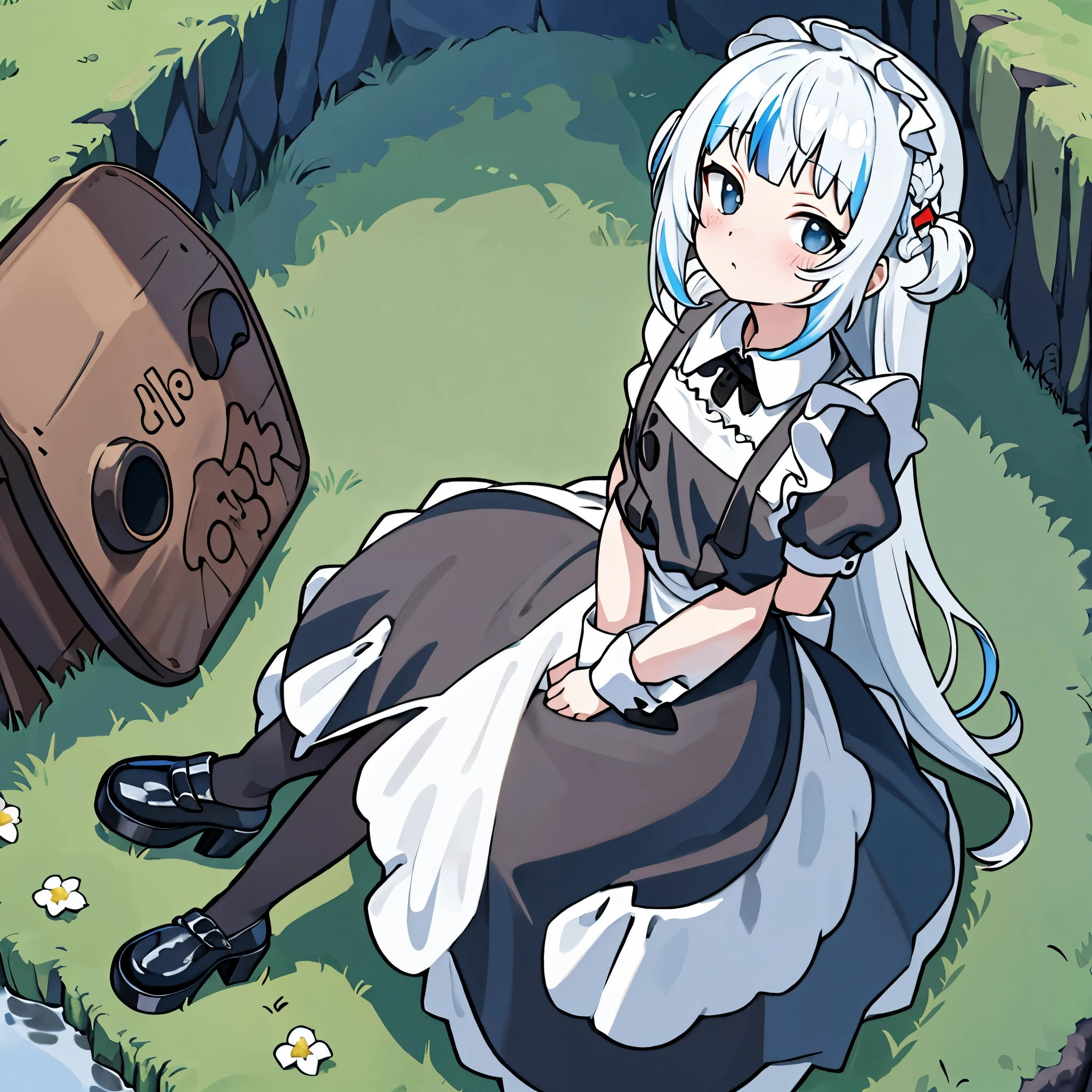 gawr gura (long hair) , Cute big eyes , maid attire, black pantyhose, high heels ,Sit politely ,Sitting on the grass in a cave, there was light shining on it.