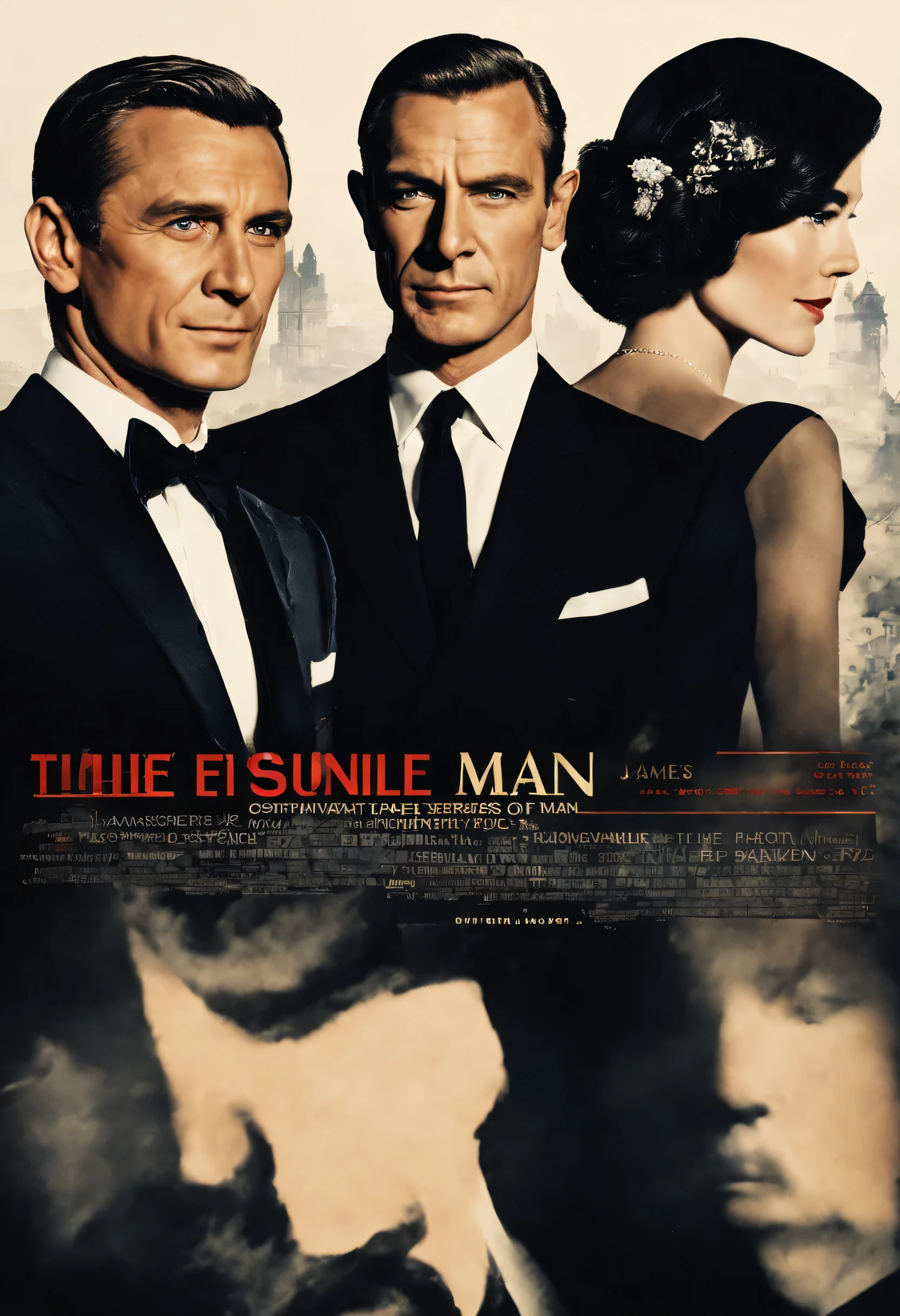 Smiling man in a black suit:There's another man staring behind that man..,cold war,The conflict beneath the smile,On the surface we get along fine、express it in your heart, recognize each other as enemies.,movie poster,nice,James Bond,masterpiece,Award-winning work,,Snazzy,british movies,beautiful light and shadow,Man in the shade