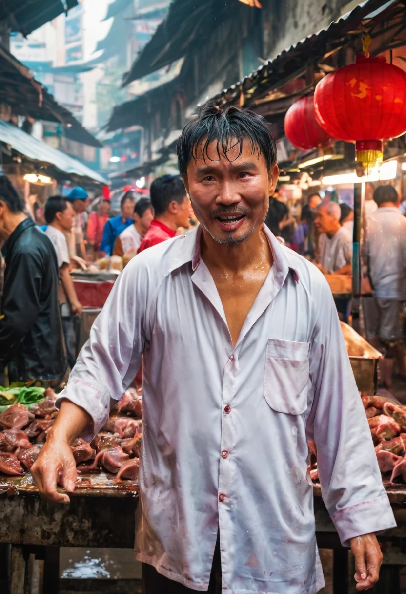 wet market,Pork stalls,rugged chinese man,comedy master,Stephen Chow