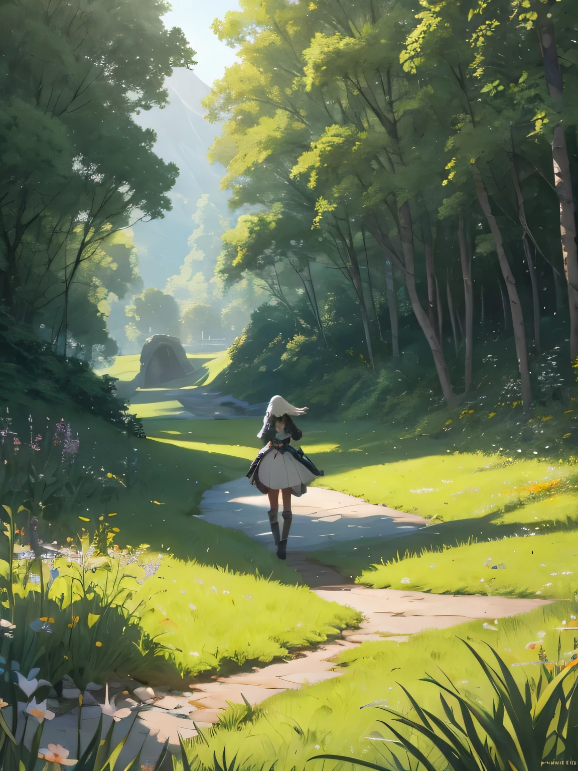 In a green meadow stands a young girl with the head of'un groupe de chevaliers. PAUSE Avec une expression courageuse, elle les guide vers leur destination. PAUSE Behind her, a green forest'extends and beyond, les montagnes s'rise far away. PAUSE L'effet le plus approprié pour cette scène serait une technique de peinture à l'aquarelle pour capturer la douceur de la prairie et la fluidité du mouvement..