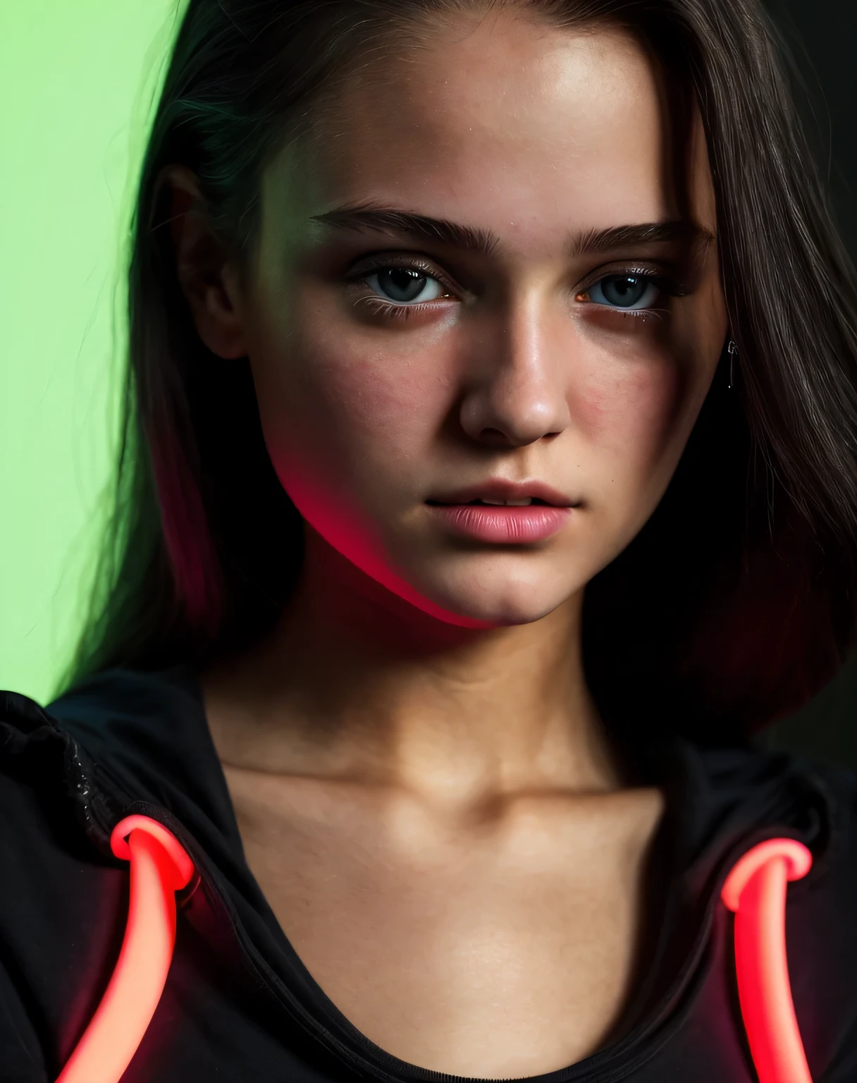 ultra realistic photo, Girl 25 years old,neon, close-up portrait photo of a young girl in dark clothes, deep neckline