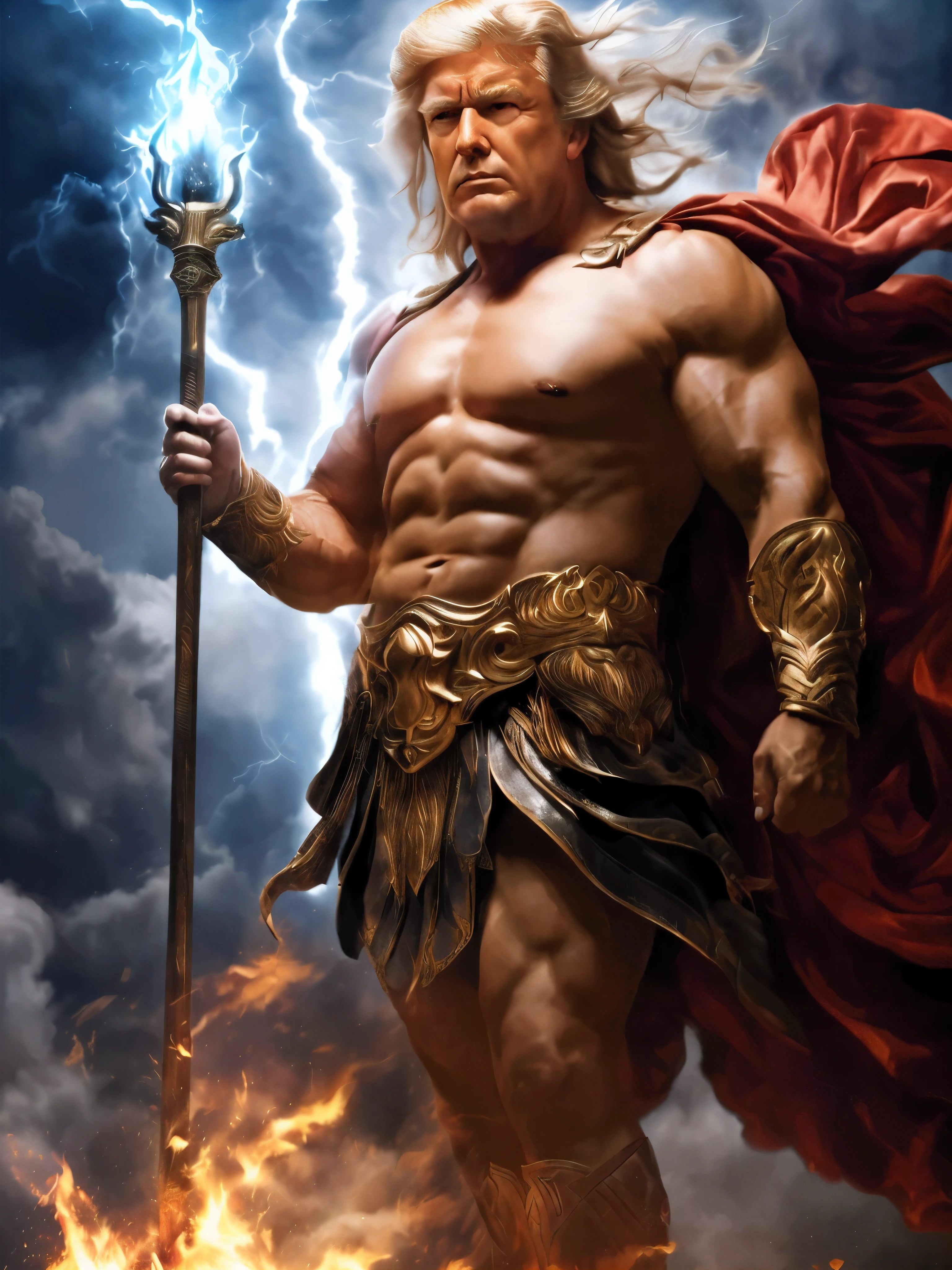 Donald Trump with a sword and a fire, golden blonde hair and beard, portrait of greek god ares, furious god zeus, the god zeus, greek god, olympian god, greek myth digital painting, greek mythology characters, the god poseidon, the god hermes, legendary god holding spear, the greek god, by Arthur Pan, ancient god, epic scene of zeus