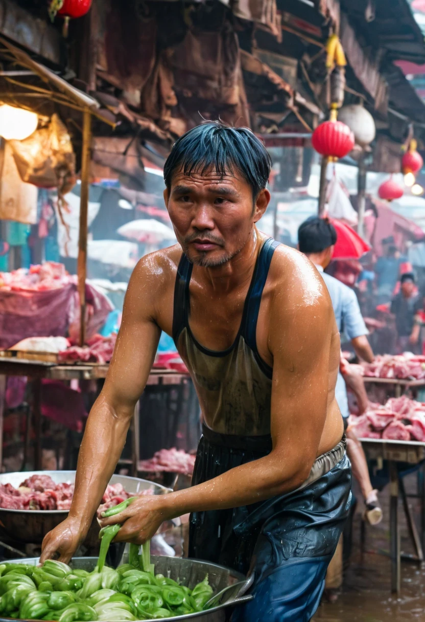 wet market,Pork stalls,rugged chinese man,Stephen Chow