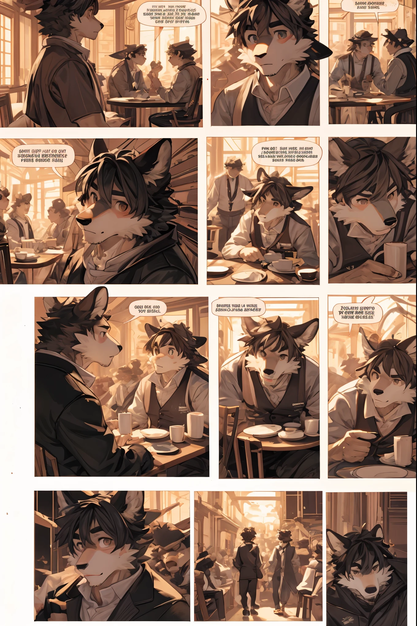 top quality, best quality, highres, masterpiece, super high resolution, detailed background, Casual reutaurant interior, part-time job, waiter, 6+boys, 6+girls, absurdres(highly detailed beautiful face and eyes)perfect anatomy, good lighting, cinematic shadow(kemono, furry anthro)assorted expressions, assorted poses, assorted angles, full body, upper shot, dynamic angle(girls comic-like panel layouts, speech balloon, English text, Hand-drawn sound effects stickers used in girls comic),