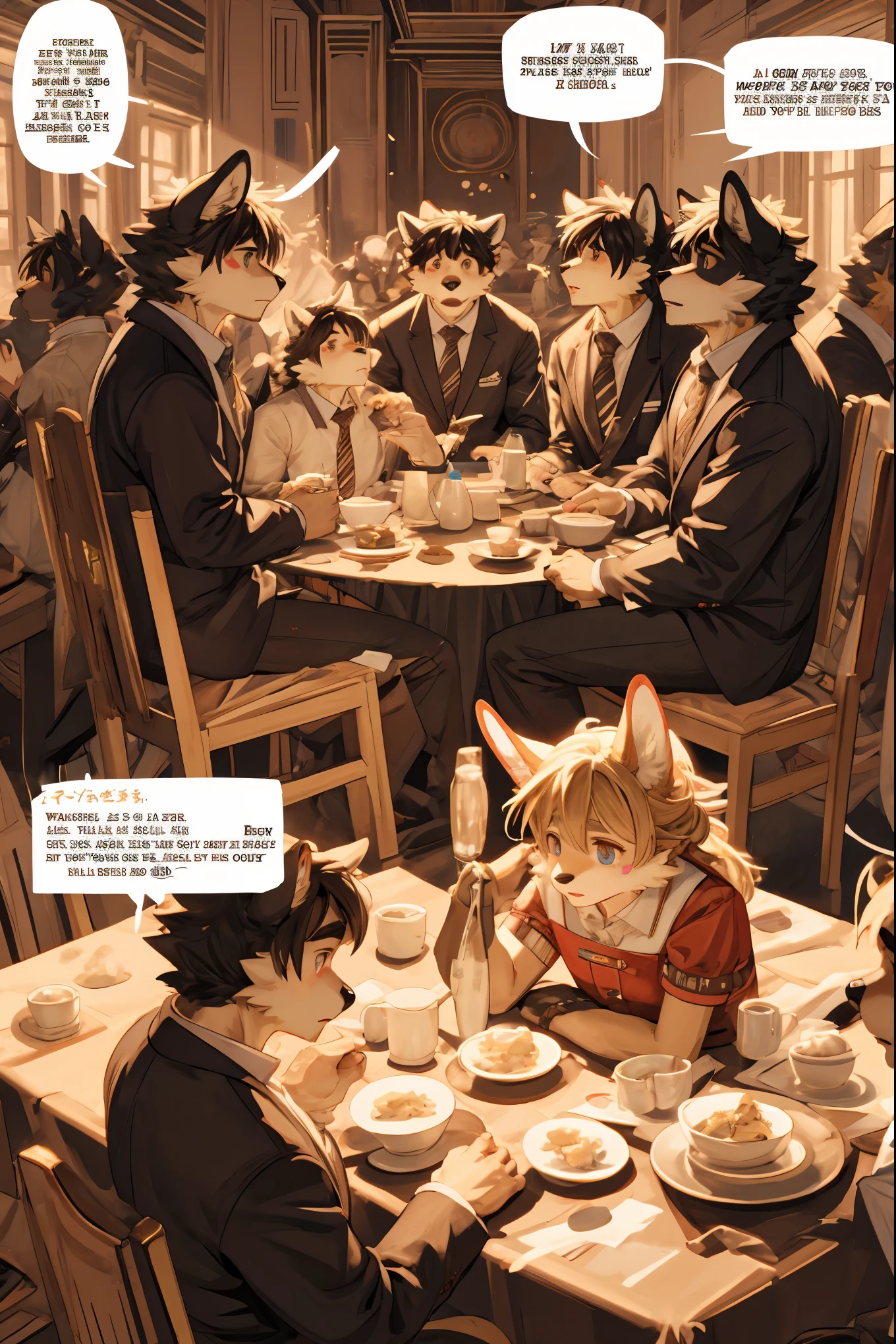 top quality, best quality, highres, masterpiece, super high resolution, detailed background, Casual reutaurant interior, part-time job, waiter, 6+boys, 6+girls, absurdres(highly detailed beautiful face and eyes)perfect anatomy, good lighting, cinematic shadow(kemono, furry anthro)assorted expressions, assorted poses, assorted angles, full body, upper shot, dynamic angle(girls comic-like panel layouts, speech balloon, English text, Hand-drawn sound effects stickers used in girls comic),