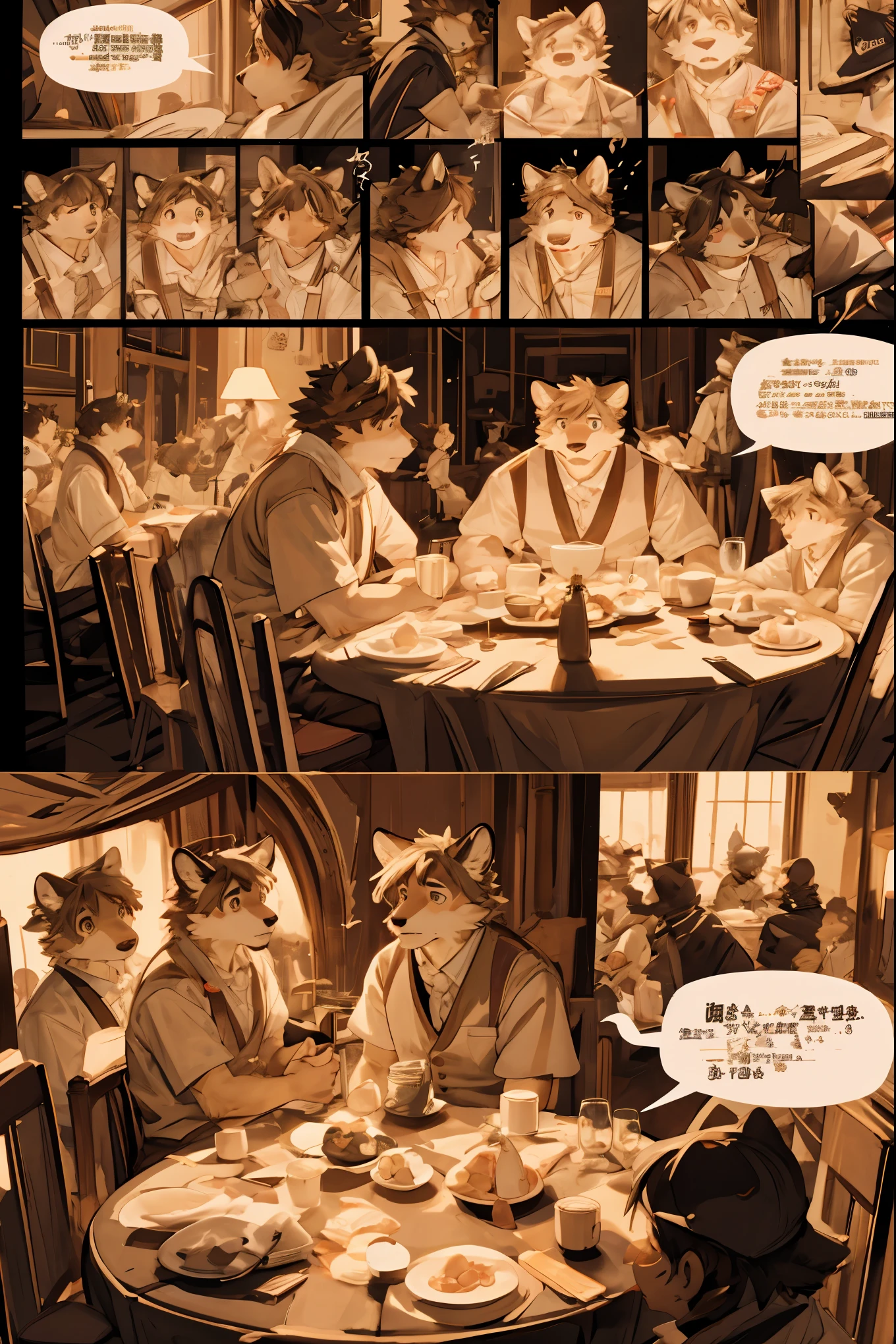 top quality, best quality, highres, masterpiece, super high resolution, detailed background, Casual reutaurant interior, part-time job, waiter, 6+boys, 6+girls, absurdres(highly detailed beautiful face and eyes)perfect anatomy, good lighting, cinematic shadow(kemono, furry anthro)assorted expressions, assorted poses, assorted angles, full body, upper shot, dynamic angle(girls comic-like panel layouts, speech balloon, English text, Hand-drawn sound effects stickers used in girls comic),