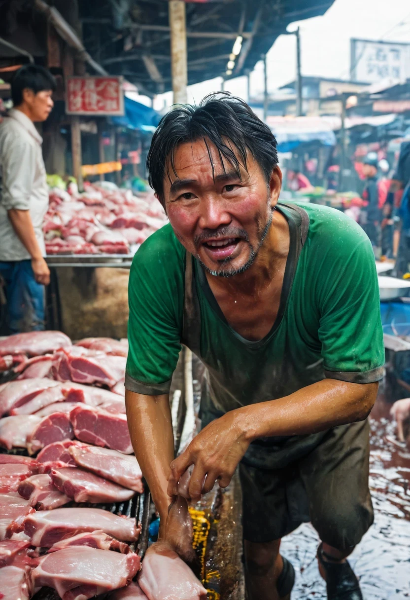 wet market，Pork stalls，rugged chinese man，Stephen Chow