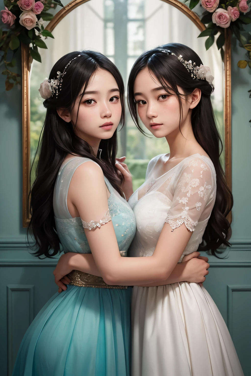 Twin sisters, inseparable since birth, stand intertwined in a serene embrace. Their delicate features mirror one another, one with eyes of sapphire and the other of emerald. The painting captures their bond in exquisite detail, from the shared freckles on their cheeks to the way their hair twines together like vines. Soft hues of lilac and rose frame the scene, adding a touch of ethereal beauty to the intimate moment frozen in time. This mesmerizing image evokes a sense of timeless connection and the profound bond between these Siamese twins.