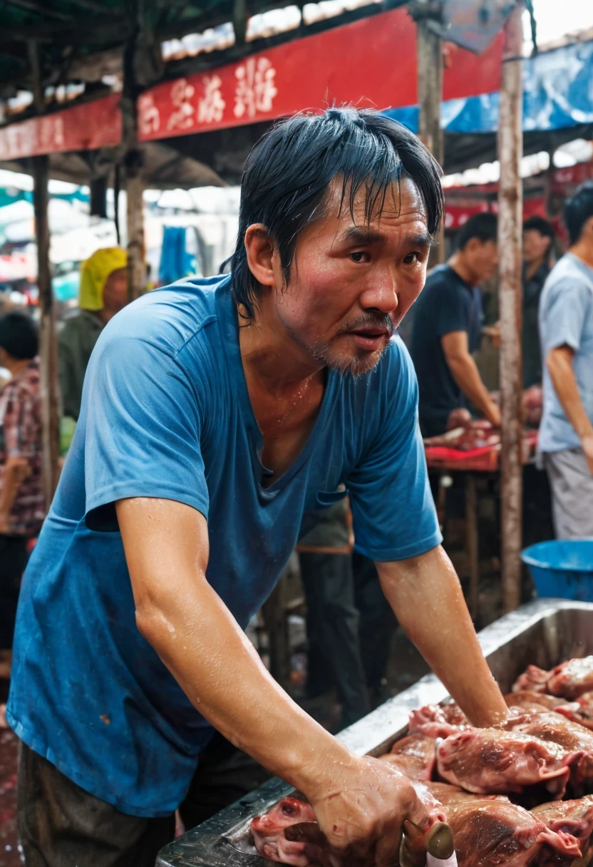 wet market,Pork stalls,rugged chinese man,Stephen Chow