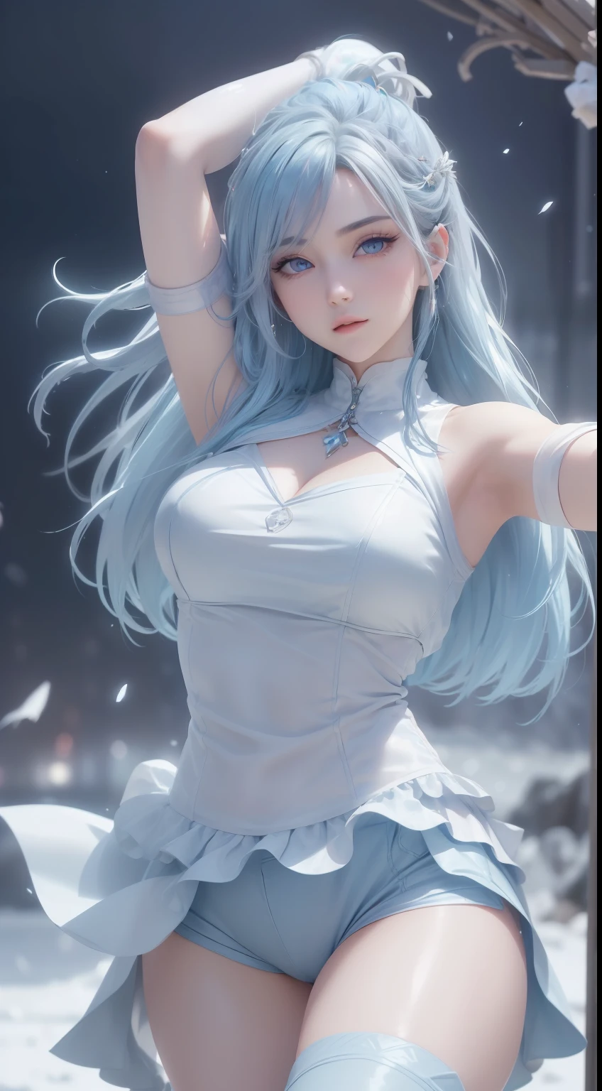 (logo、masterpiece、8k、table top、RAW photo、wonderful、最high quality、Photorealistic and hvery detailed CG integrated 8k wallpaper、high quality、very detailed、Narrative poem、particle effects、dynamic effects、written boundary depth、cinematic light、Lens flare、ray tracing)、fantasy、 (1 beautiful woman、light blue hair、beautiful face、real face、beautiful detailed eyes、beautiful skin、dancing woman:1.7、woman dancing gracefully:1.7)、Hair flutters in Wind、hair bounces、髪がWindで踊る、hair jump、halter neck、leather pants、leather jacket、silver earrings、night、Wind、darkness、雪とhoarfrost、very cold winter day、snow-capped mountainや森、hoarfrost、snow-capped mountain々、The beauty and brilliance of frost-covered trees、Serenity and beauty meadow of ice and snow world、vast land、Lakeside、wonderful景色、美しい自然のWind景、night空、Wind、cherry blossoms、cherry blossomsの花びらが舞っている、cherry blossoms吹雪、falling petals