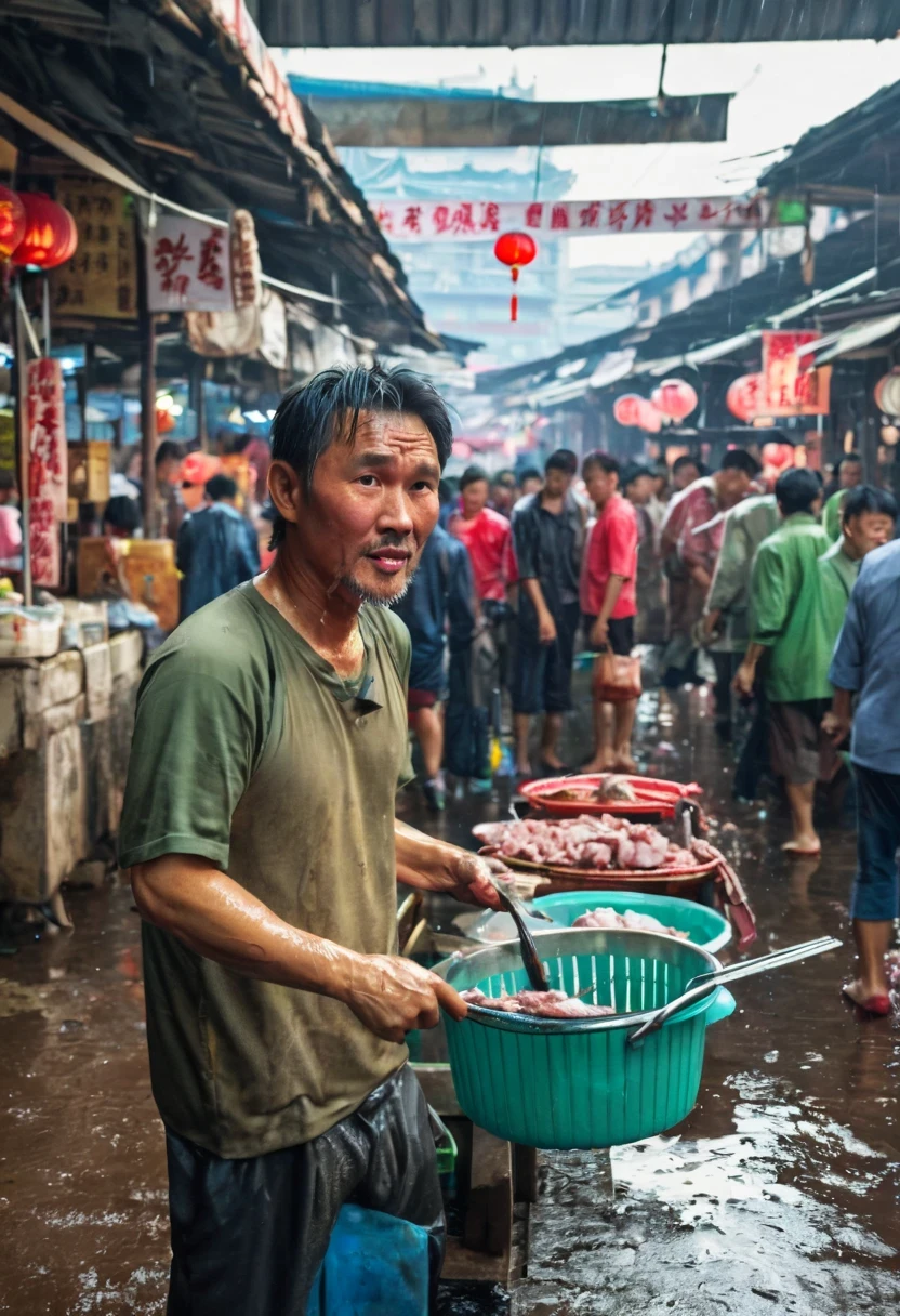 wet market,Pork stalls,rugged chinese man,Stephen Chow