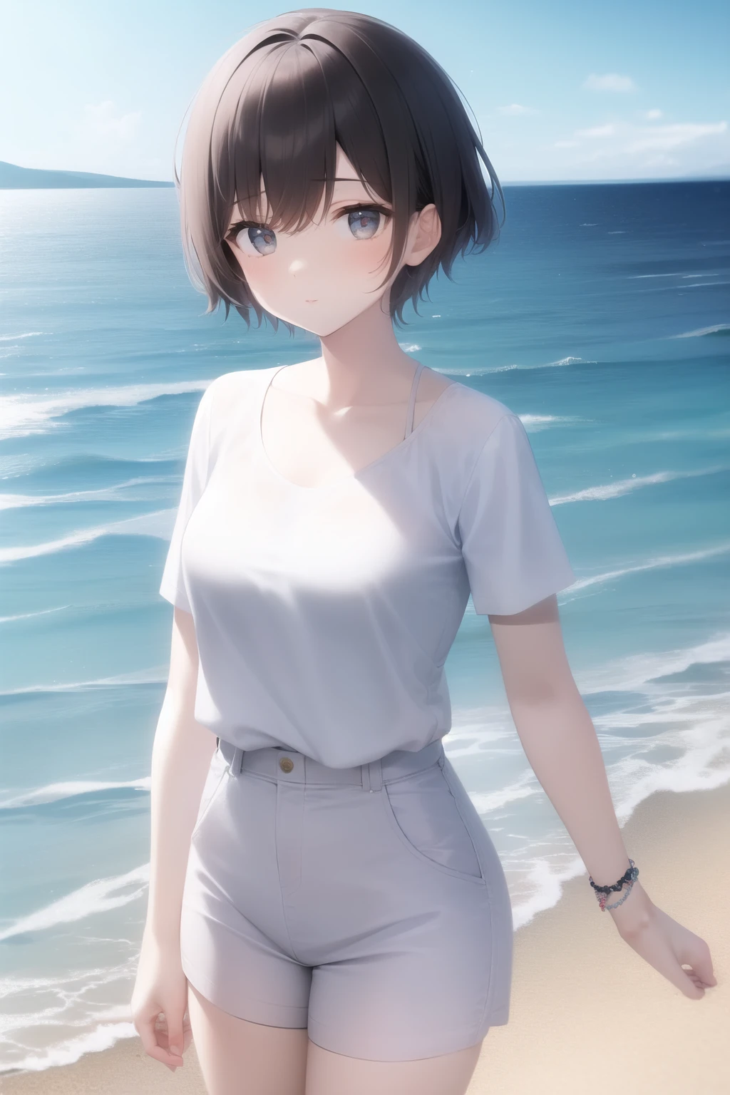 Adult tomboy with short hair, white clothes ,sea backdrop