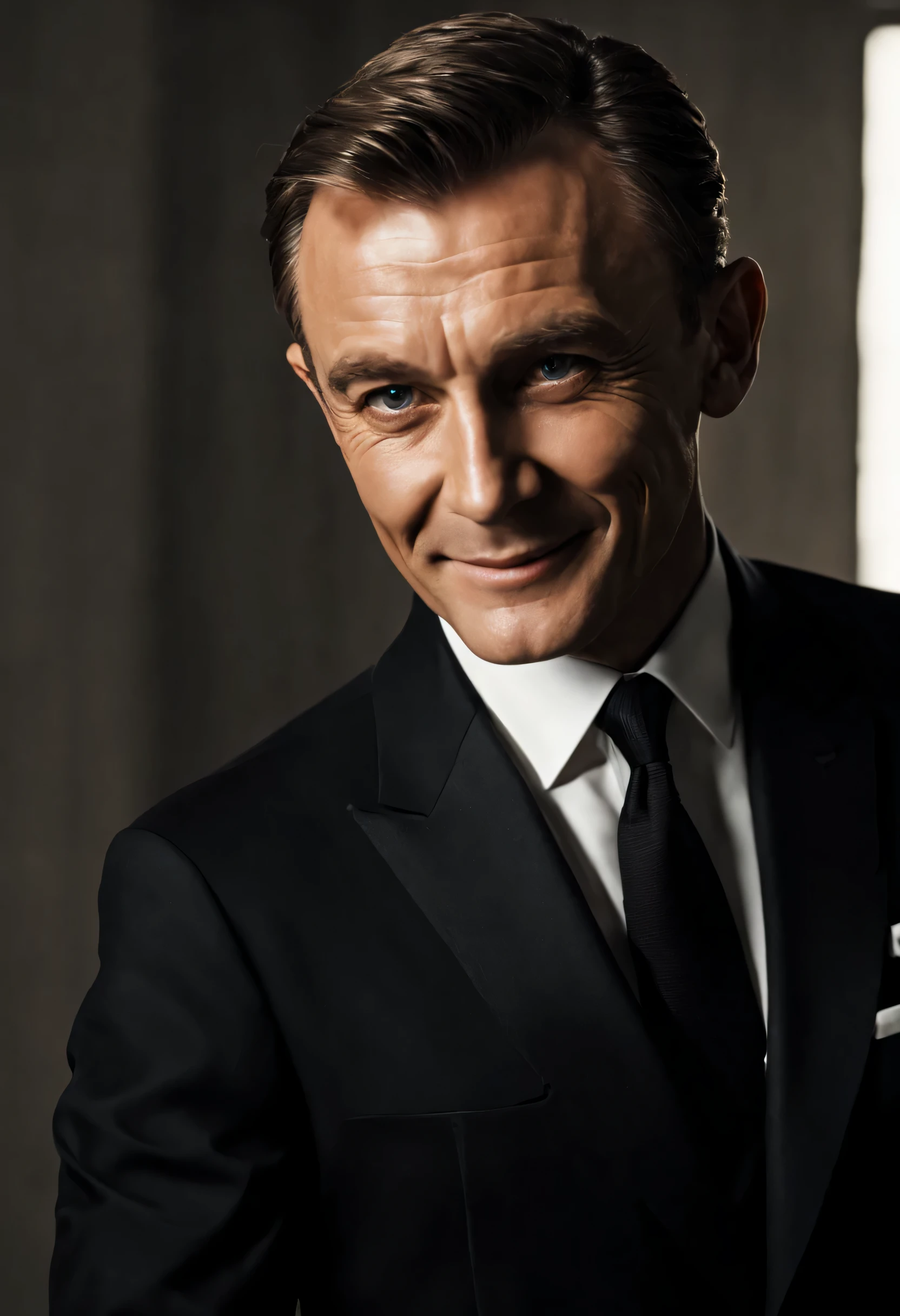 Smiling man in a black suit:There is another man behind the man looking up at him..,cold war,The conflict beneath the smile,On the surface we get along fine、express it in your heart, recognize each other as enemies.,movie poster,nice,James Bond,masterpiece,Award-winning work,,Snazzy,british movies,beautiful light and shadow