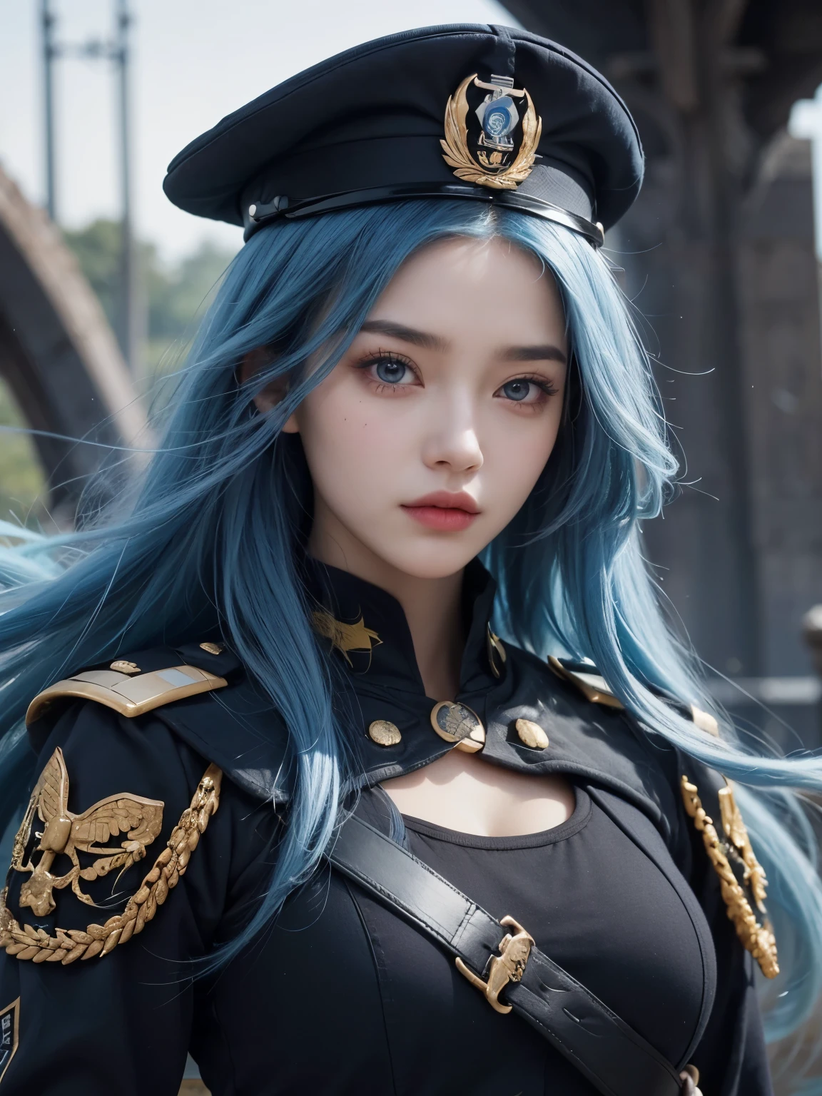 Upper body close-up image. A beautiful woman. facial details. Beautiful double eyes. The bridge of my nose. Well-shaped lips. She has long blue hair. He wears black combat uniform and carries a sword. A masterpiece.