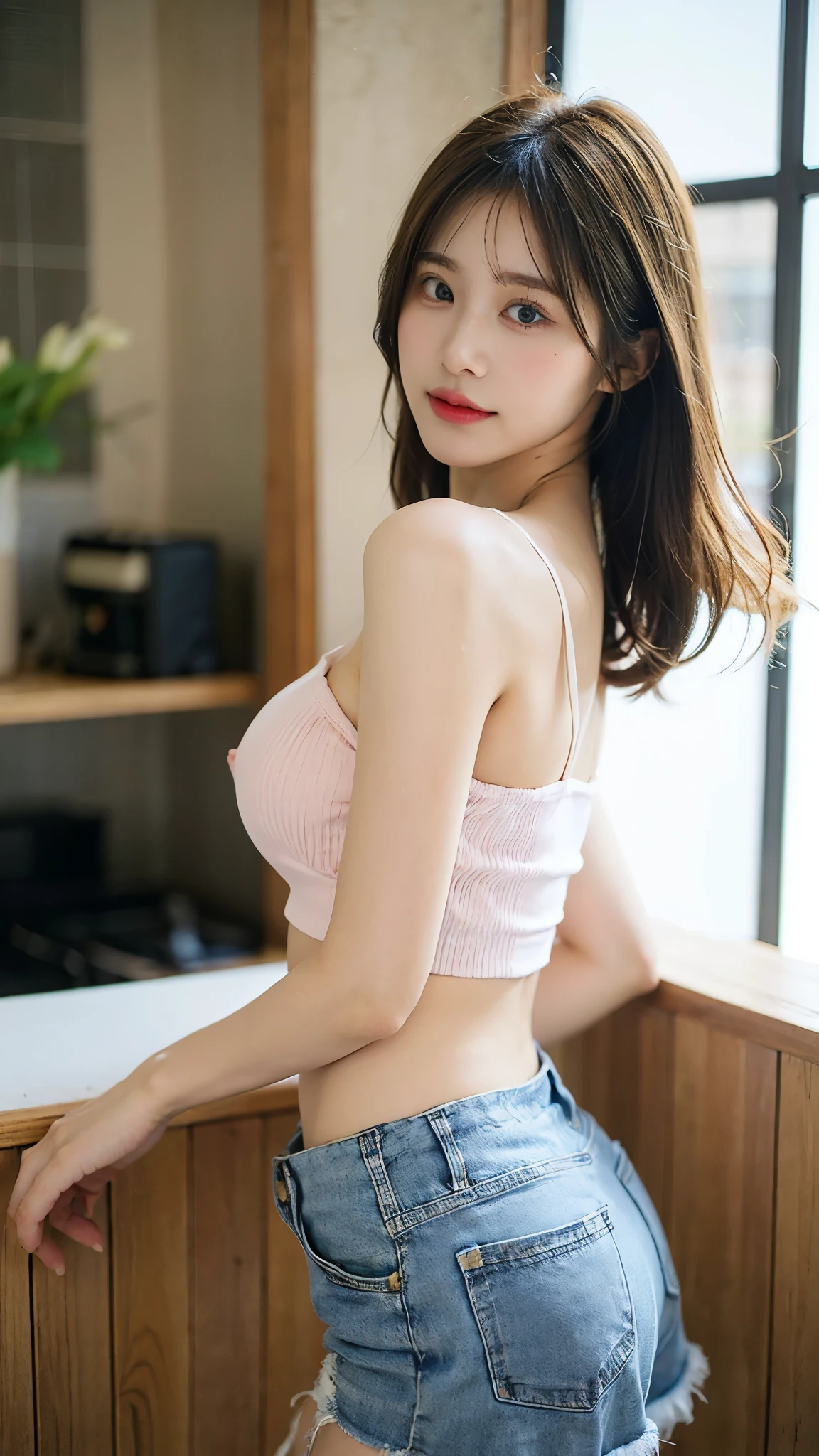(photorealistic:1.8),(bokeh:0.3),((((film grain)))),(masterpiece:1.2),(highest quality:1.2),8k,raw photo,High-quality texture,detailed texture, Girl in thin low cut camisole and tight denim shorts poses for photo、full body Esbian、Cropped T-shirt、bra very、Slim body、(large breasts, ass shot, indoors)、Slim Girl Model、24 year old female model、Beautiful body Highly detailed face Facing the front Navel out See all Lower abdomen showing a beautiful belly Pink Too torn denim shorts Shabby denim shorts Thigh exposure Shabby string camisole Only the strings are too short camisoles Denim shorts that are too short genitals are visible Low-rise denim shorticro Denim Shorts Scanty Denim panties Show all your beautiful body
