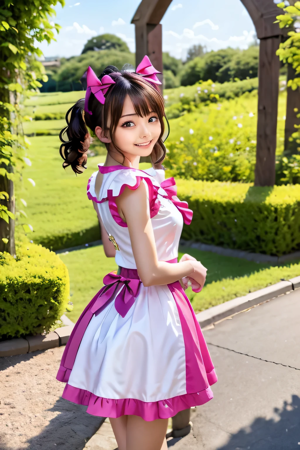 Arafi girl wearing a pink dress and a big white ribbon, lolita style, ruffle mini skirt, Belle Delphine, lolita fashion, anime girl cosplay, cute like an angel, cute style, rorish, cute playful pose of dancer, cutie, ayaka cosplay, ruffle costume, Also, Chiho, magical girl style, Aya Takano color style, sayori